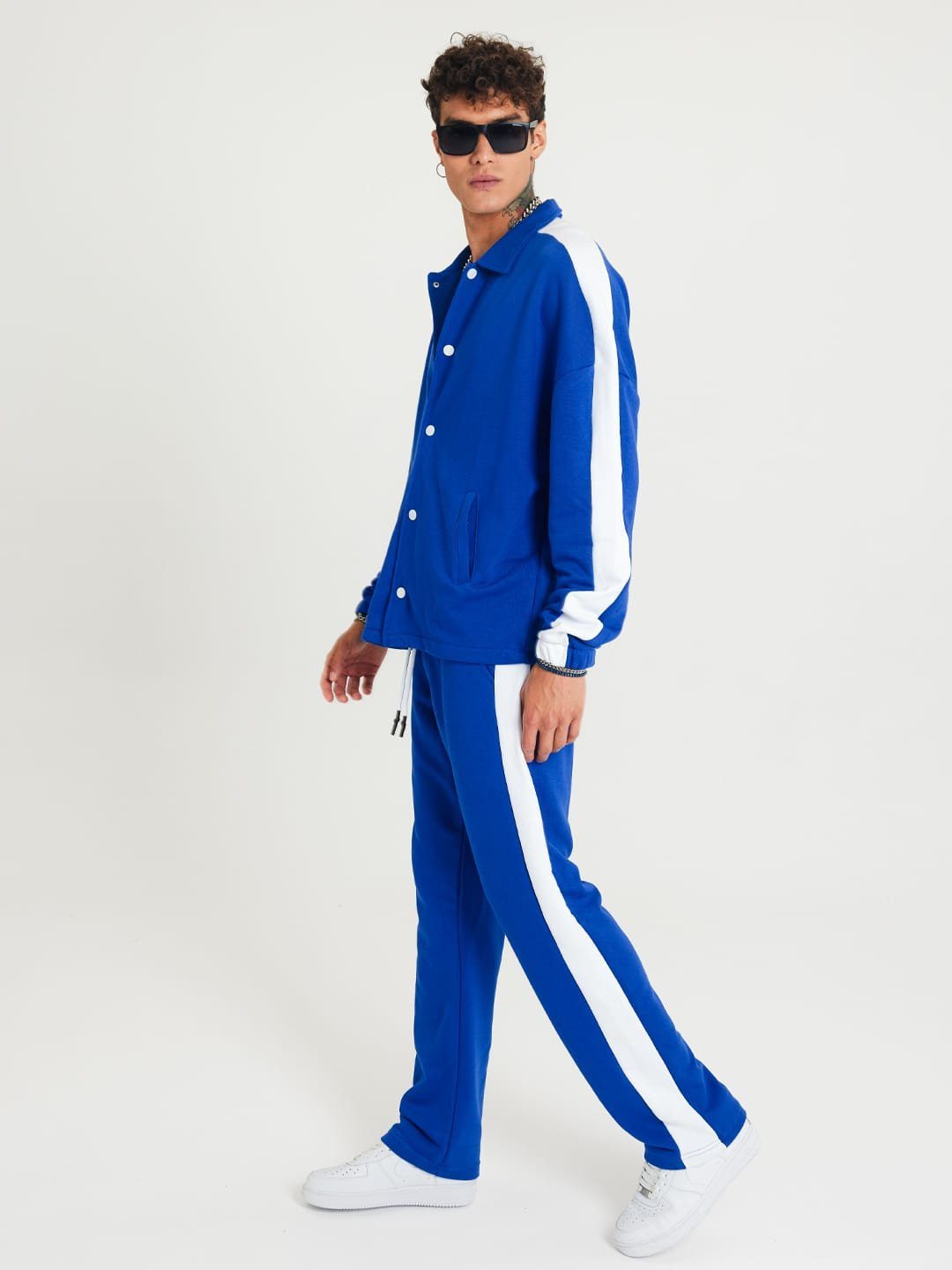 Blau Cotton Stripe Casuals Jogginganzug Jogginganzug Hose COFI Unisex Jogger Jacke mit Streifen Set