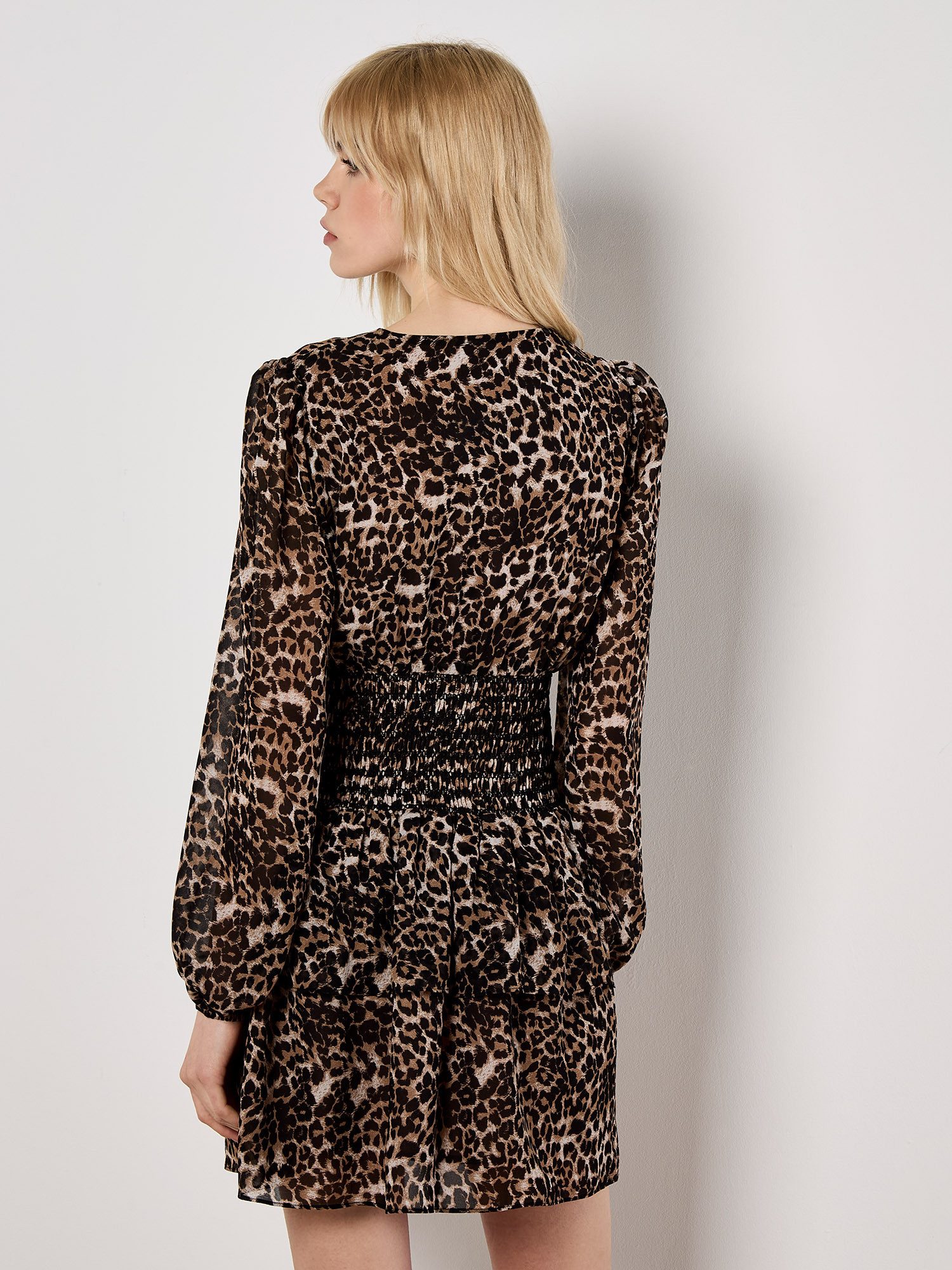 Apricot Minikleid Leopard Double Layer Dress mit Smokdetails – Bild 4 von 5