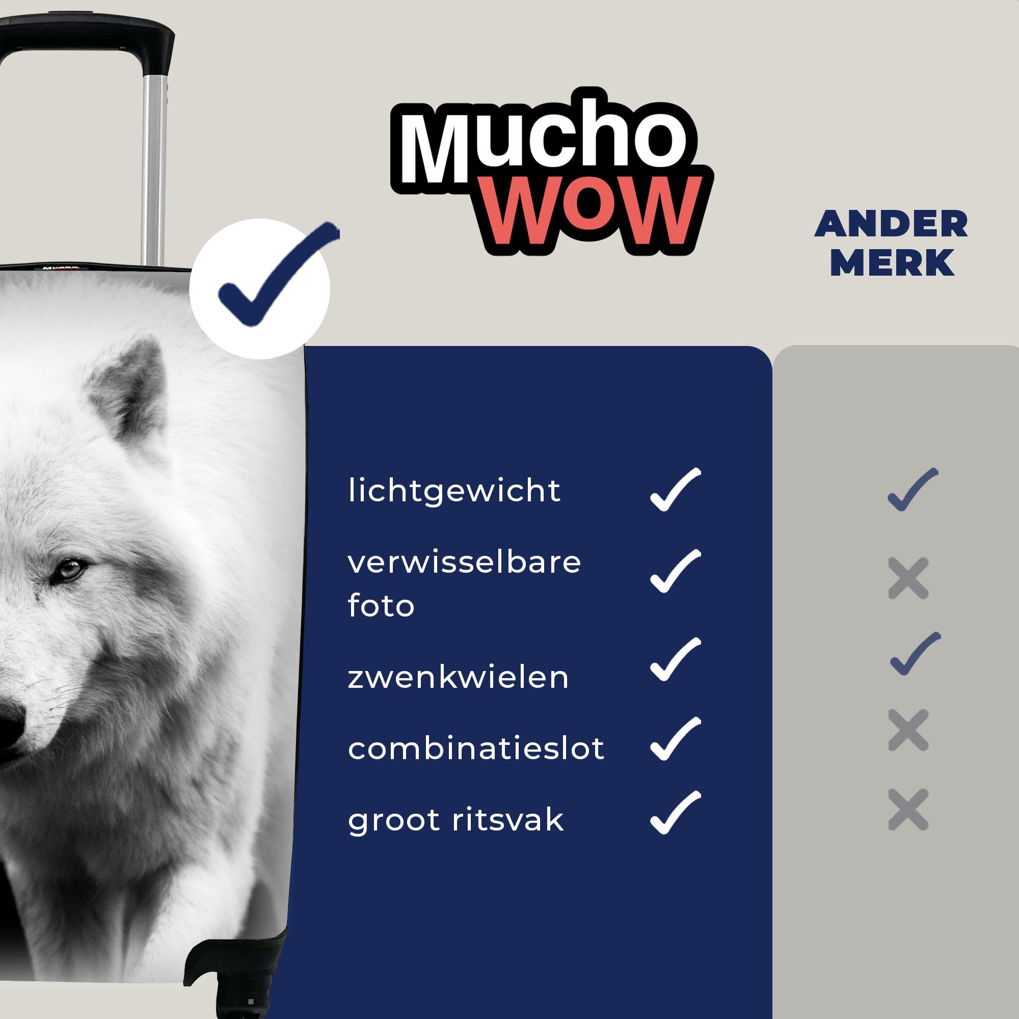 rollen, - mit Rollen, Schwarz Tier Ferien, - Trolley, - Weiß, Handgepäckkoffer MuchoWow Reisekoffer Reisetasche für 4 Handgepäck Wolf