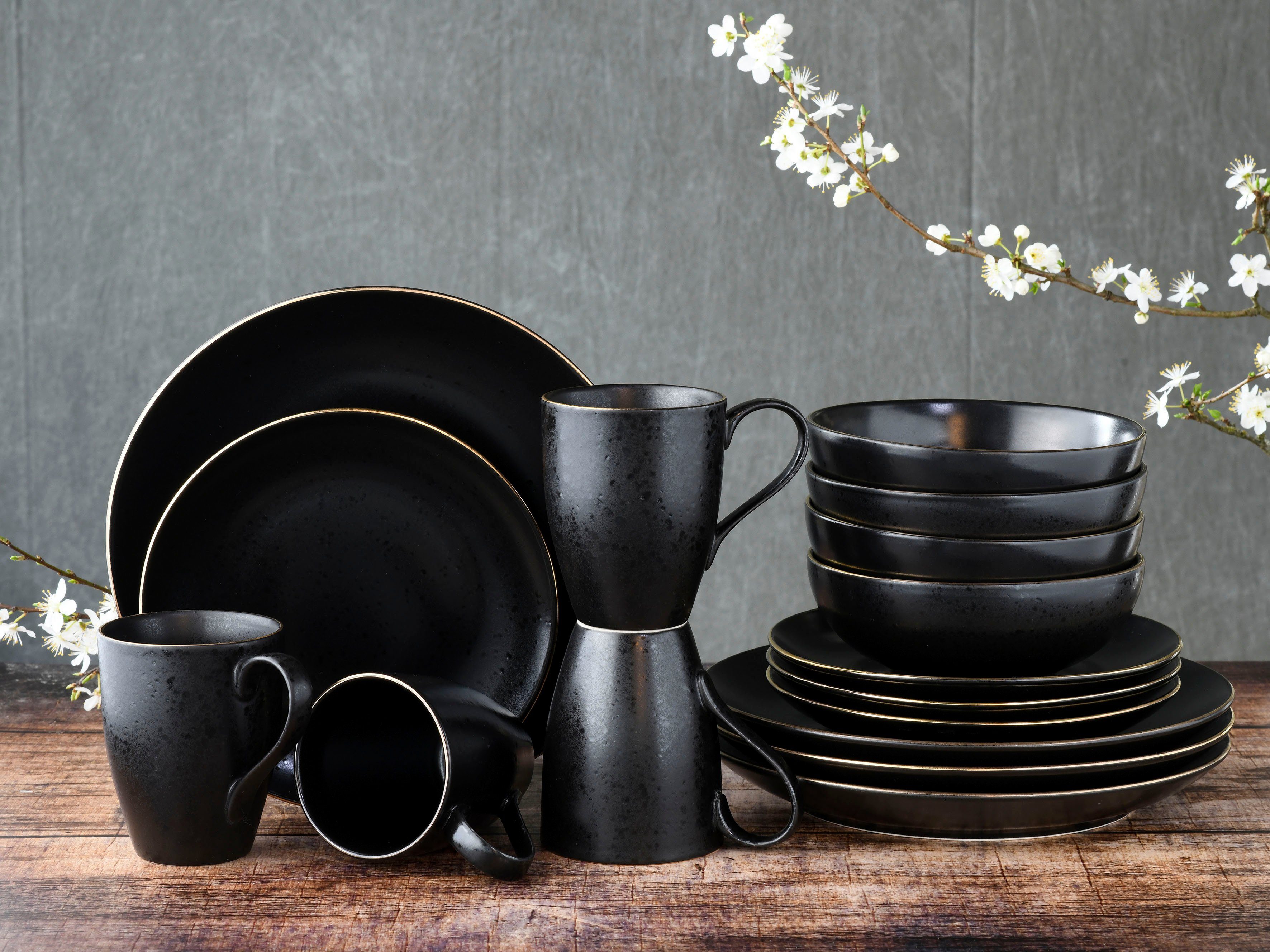 CreaTable Kombiservice Geschirr-Set Industrial (16-tlg), 4 Personen, Steinzeug, Service, schwarze, Goldrand, 16 Teile, für 4 Personen – Bild 5 von 5