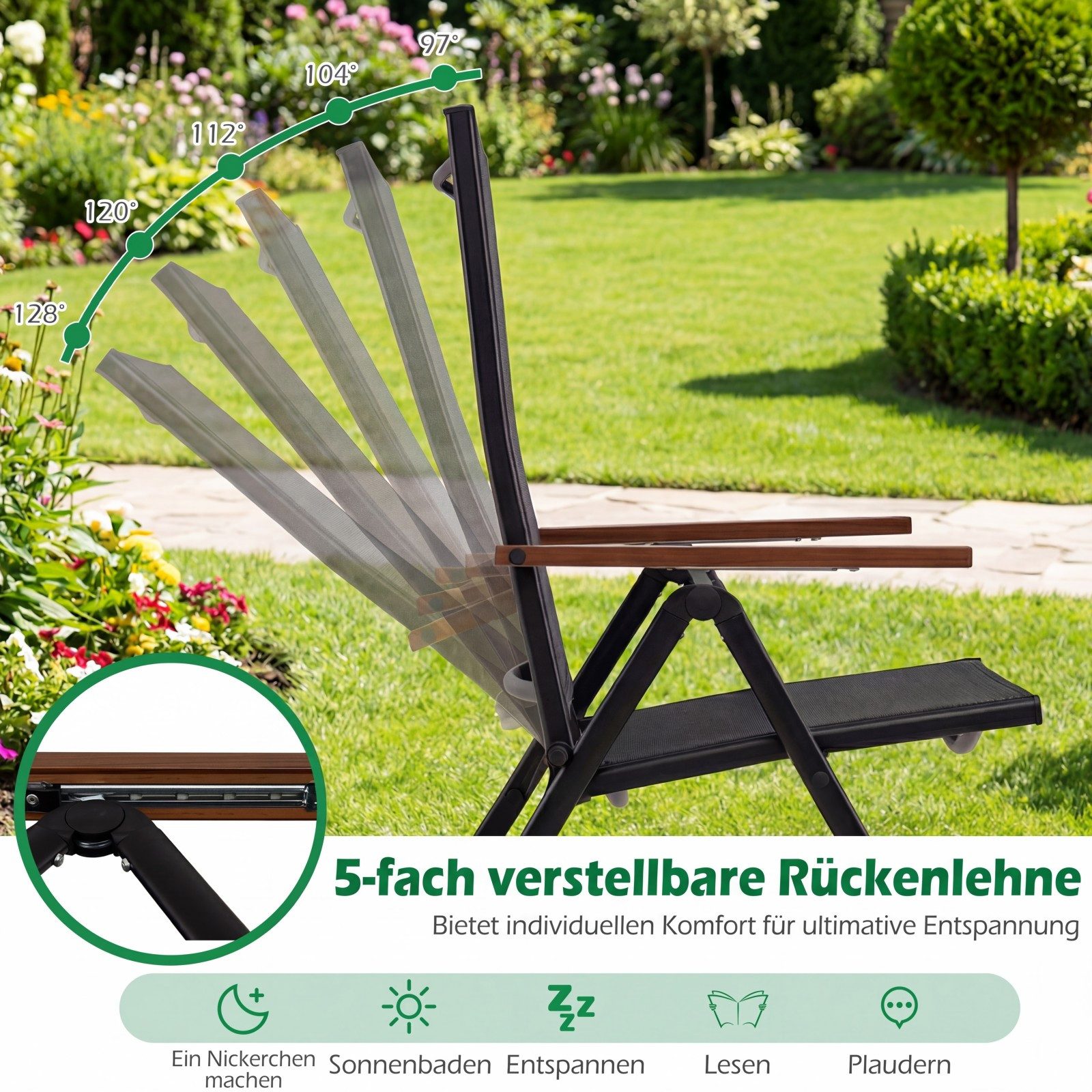 KOMFOTTEU Gartenstuhl (2 St), Klappstuhl mit 5-Fach verstellbar & Armlehnen