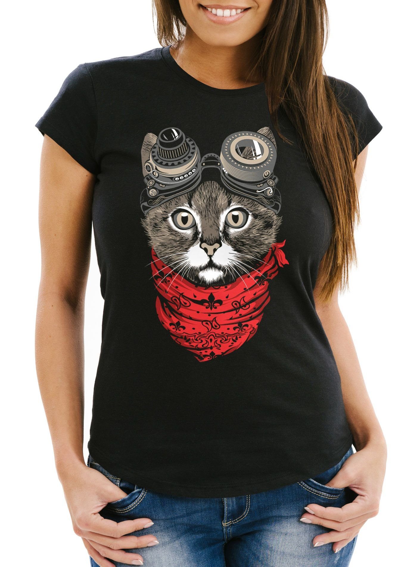 MoonWorks Print-Shirt Damen T-Shirt Katze Cat Steampunk Slim Fit mit Print