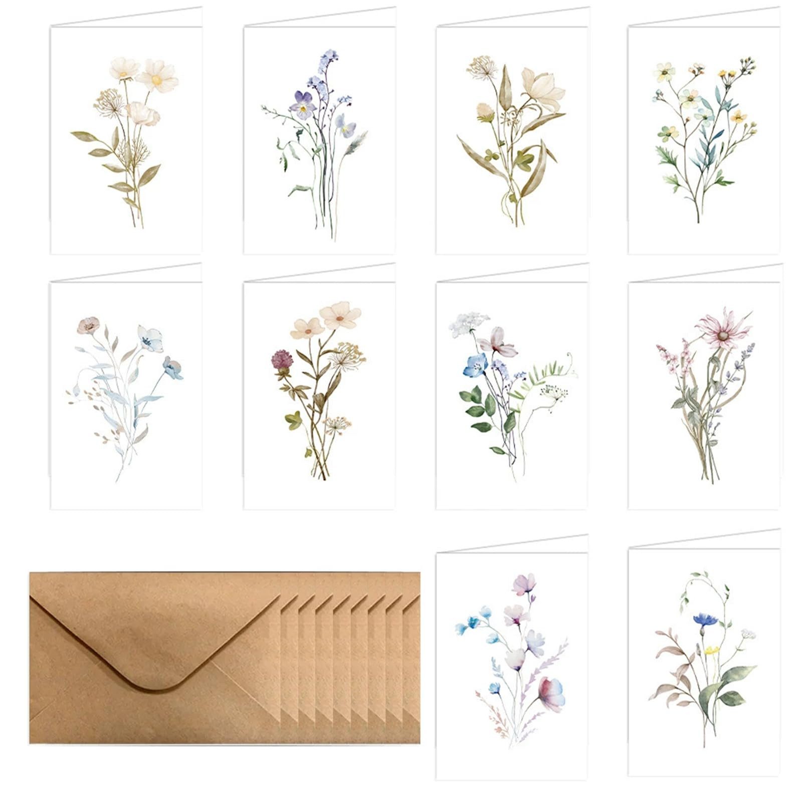 FOUORTUNATE-BEE Grußkarten Grußkarten Set Blumen 10er mit Umschlägen für Geburtstag Dank, 10er Set Blumen Klappkarten mit Umschlägen für Grüße & Einladungen