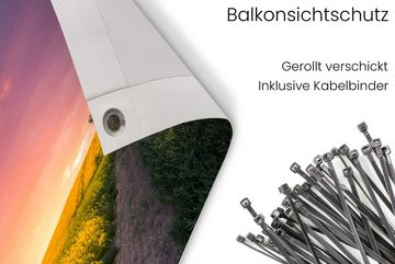 MuchoWow Balkonsichtschutz Blumen - Straße - Himmel - Gelb - Lila - Sonnenuntergang - Natur (1-St) Balkonbanner, Sichtschutz für den Balkon, Robustes und wetterfest