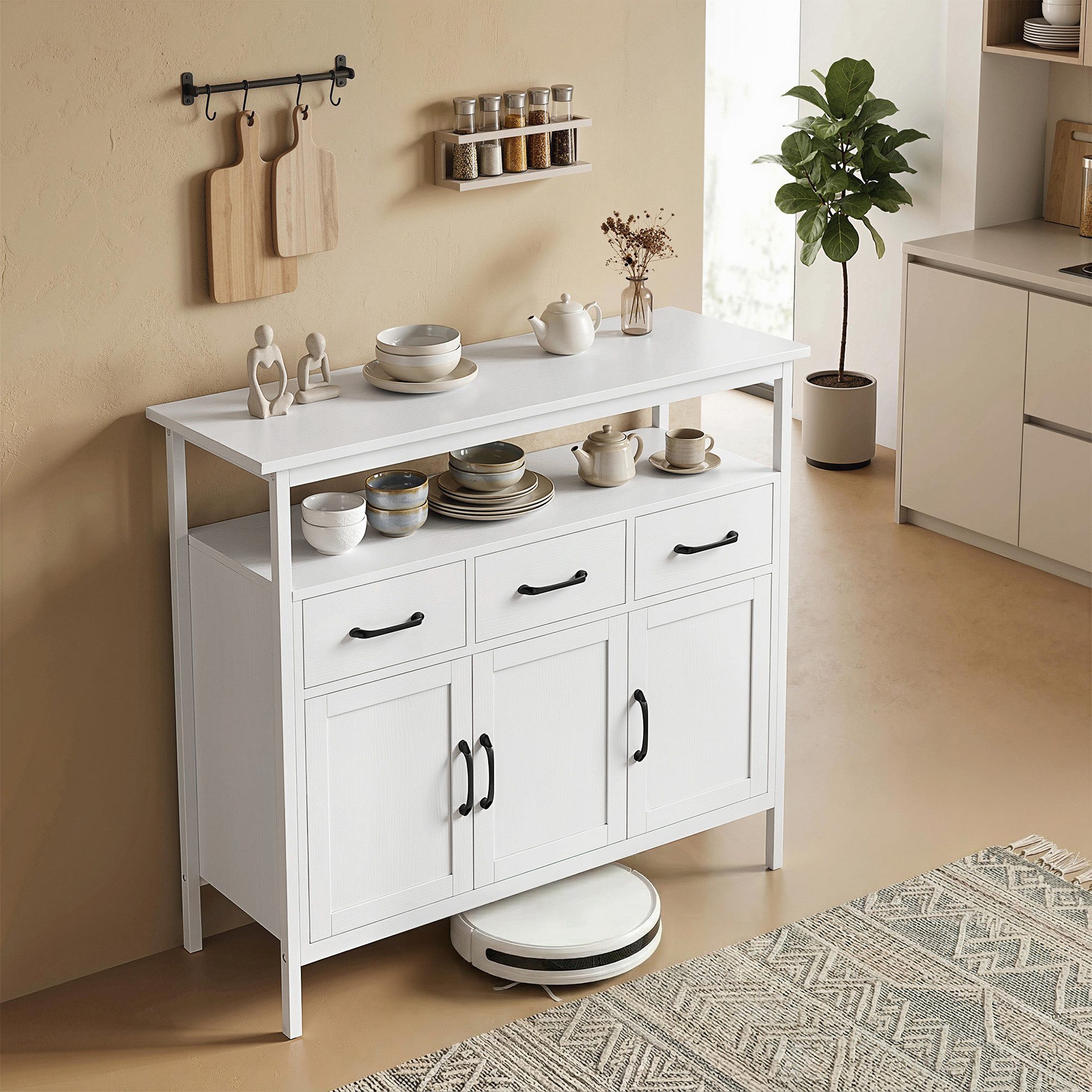 HOMCOM Sideboard Aufbewahrungsschrank mit offenem Regal, 3 Schubladen, Weiß (Kommode, 1 St., Küchenschrank), Großer Stauraum mit verstellbaren Regalen