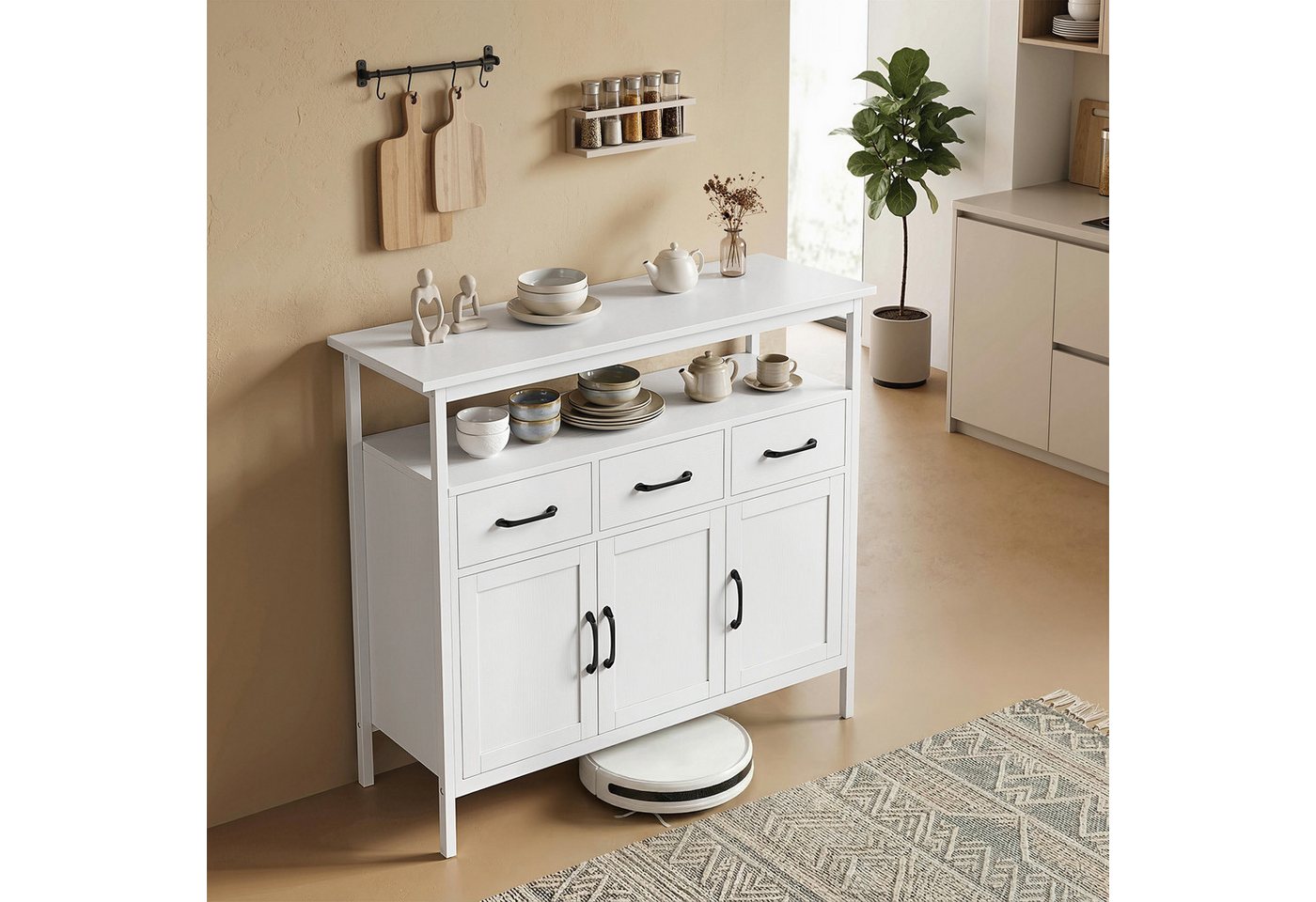 HOMCOM Sideboard Aufbewahrungsschrank mit offenem Regal, 3 Schubladen, Weiß (Kommode, 1 St., Küchenschrank), Großer Stauraum mit verstellbaren Regalen