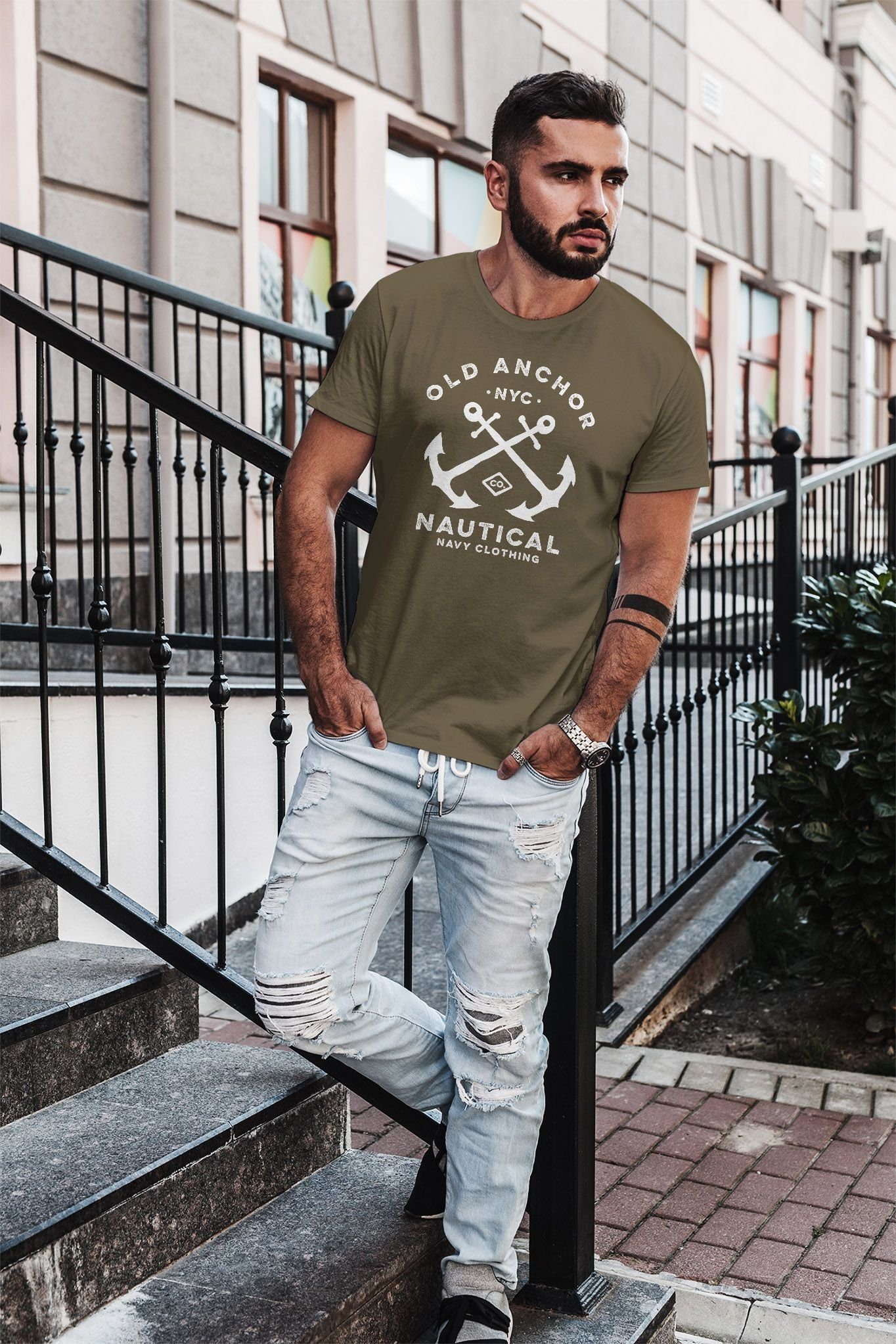 T-Shirt Herren Neverless® Print-Shirt Neverless gekreuzte Anchor mit Nautical Anker Print Old grün