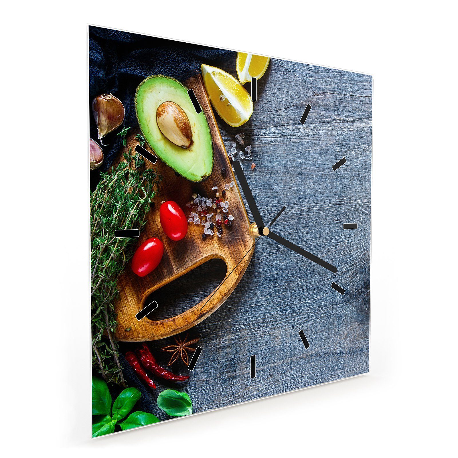 Größe Primedeco Motiv 30 Wanduhr Avocado und Tomaten mit Glasuhr Wandkunst cm 30 Wanduhr x