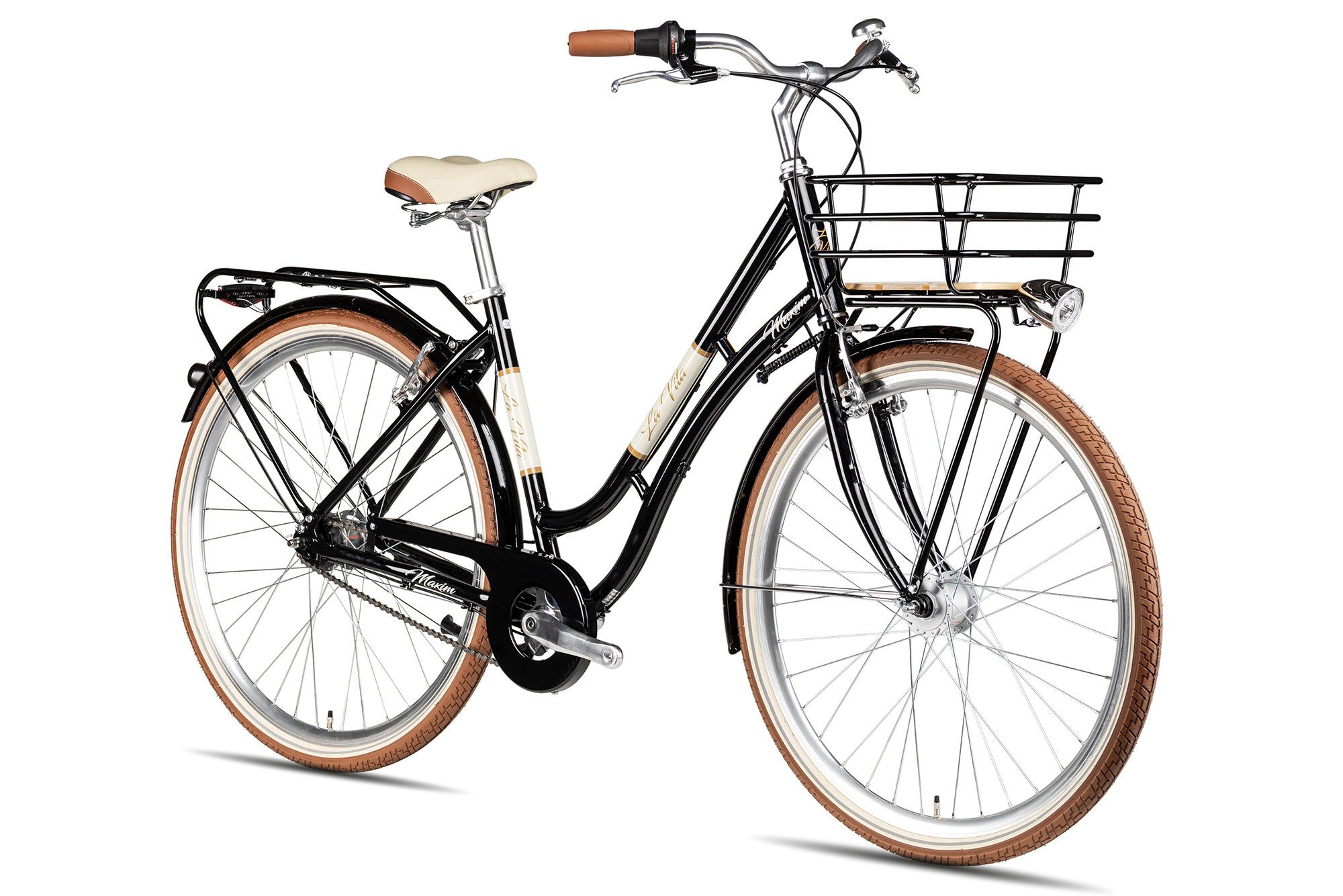 Maxim Cityrad La Vita Nexus, 7 Gang Shimano Nexus 7 Rücktritt Schaltwerk, Nabenschaltung Rücktritt, Gepäckkorb über Vorderrad schwarz/grau