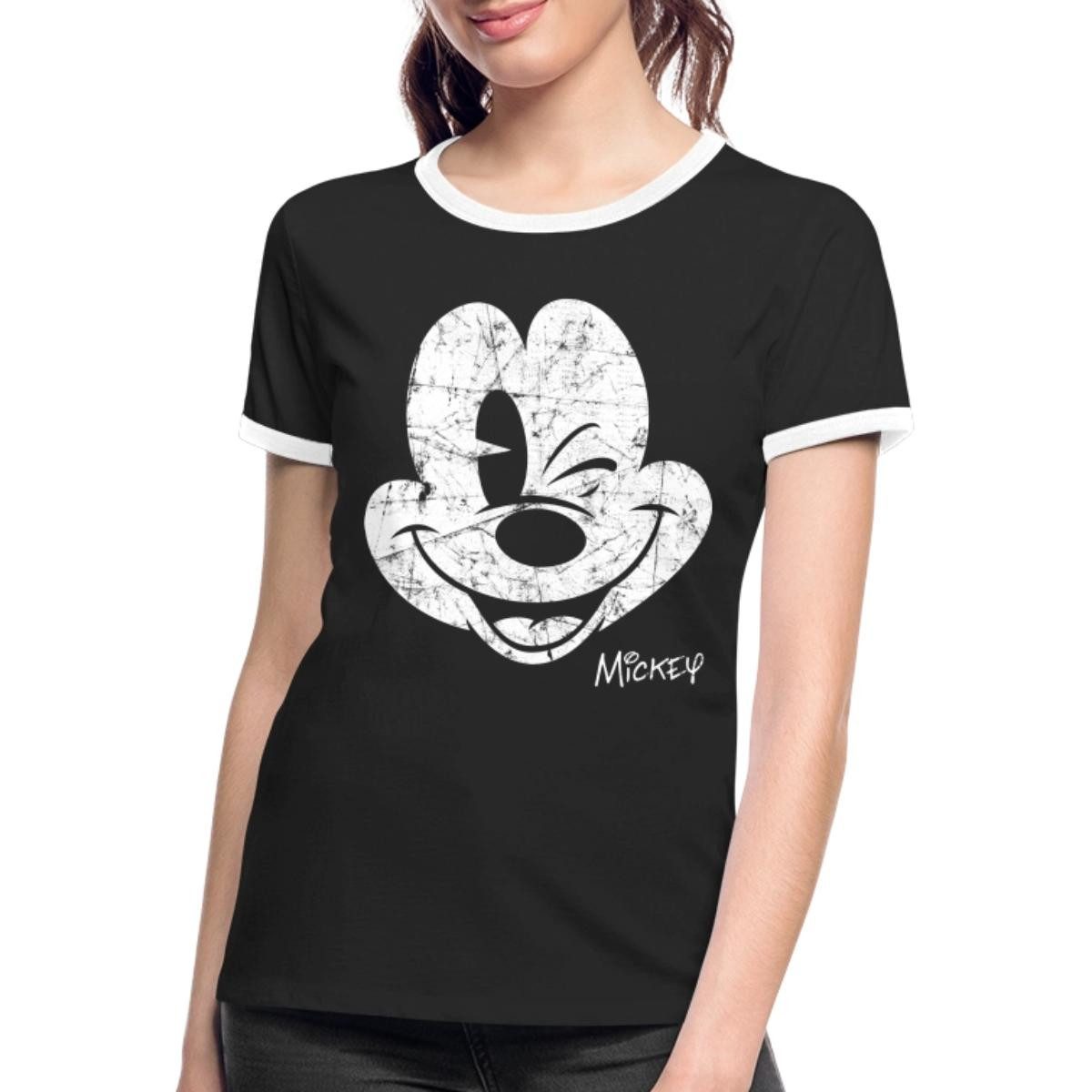 Spreadshirt T-Shirt Mickey & Minnie Retro Mickey Mouse Zwinkernd Frauen Kontrast T-Shirt (1-tlg)