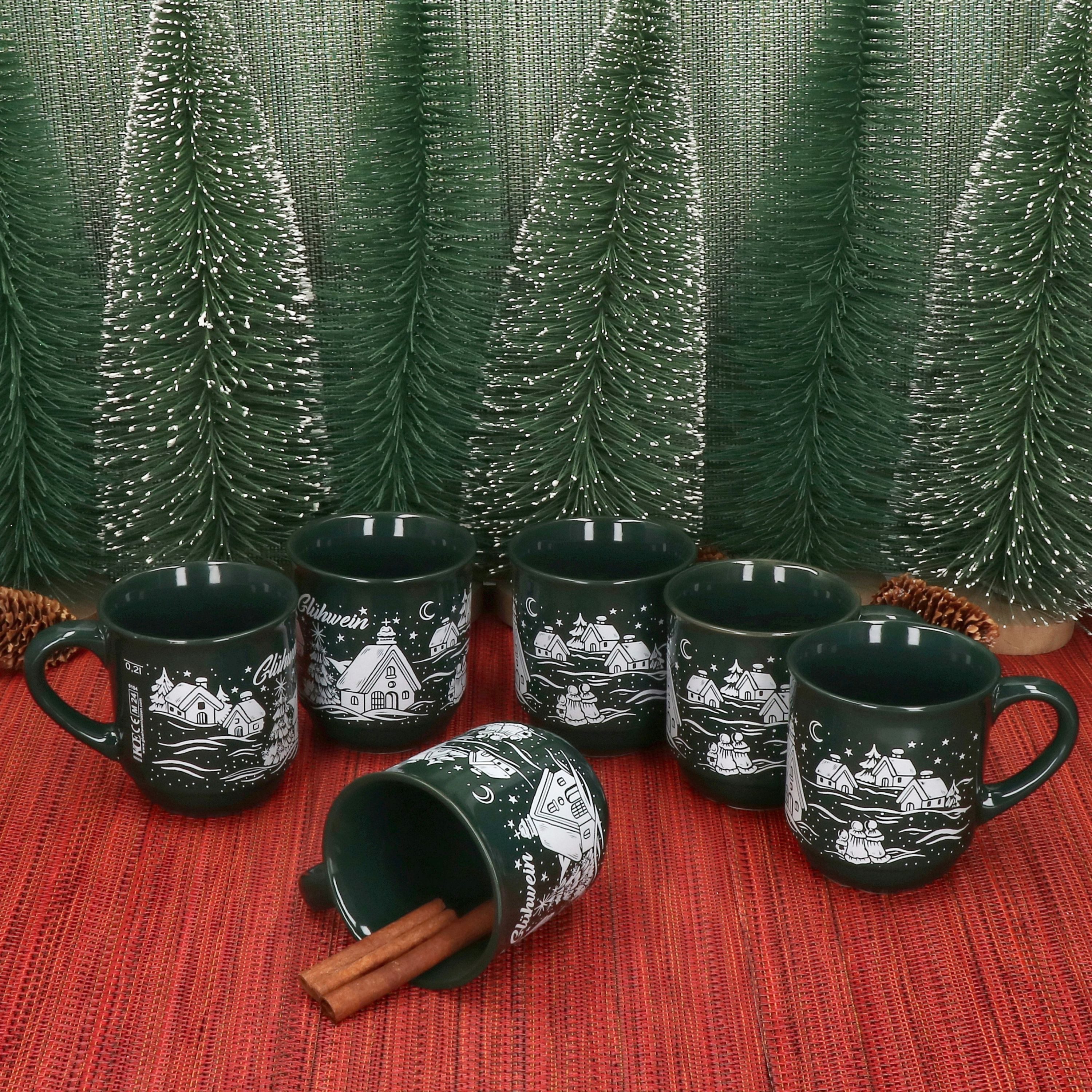 MamboCat Tasse 6x Glühweinbecher 0,2L grün Weihnachtslandschaft Glühweintassen, Keramik, Weihnachtsgeschirr, Weihnachten, geeicht, Weihnachtsmarkt
