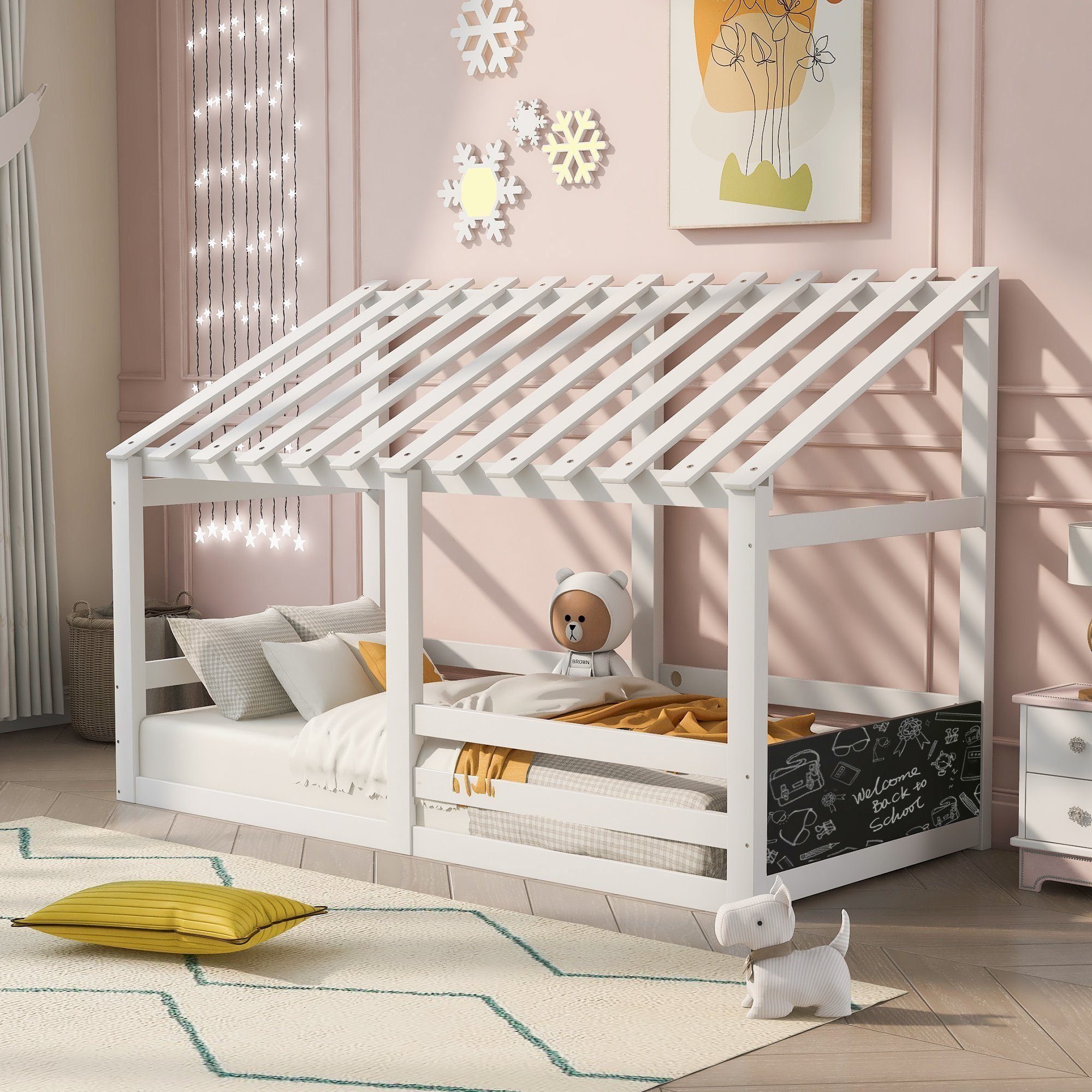 SOFTWEARY Kinderbett Hausbett mit Rollrost, Einzelbett aus Kieferholz  (90x200 cm), inkl. Rausfallschutz, Bettgestell mit Zaun