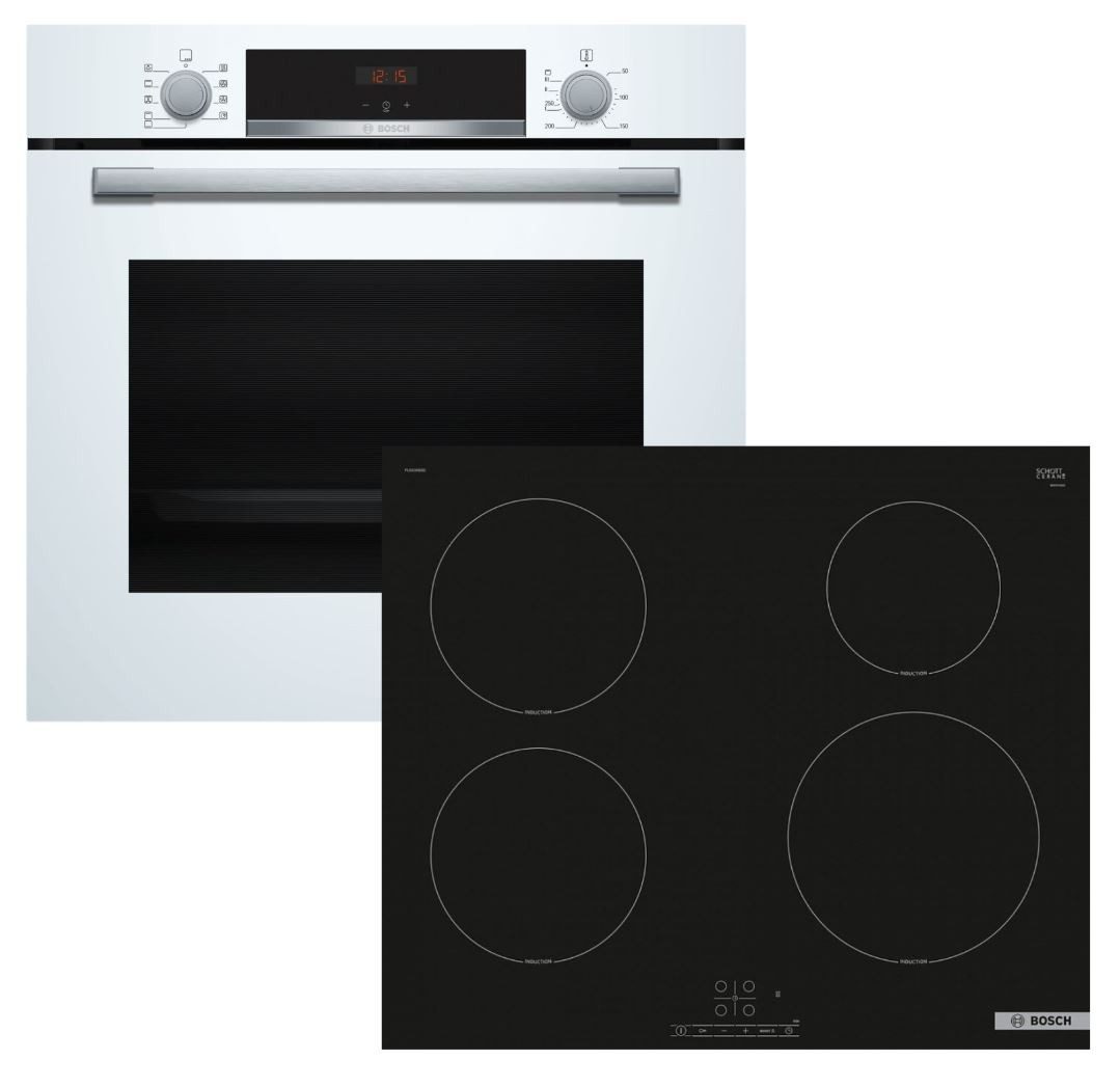 BOSCH Backofen-Set weiß EcoClean Schnellaufheizung + Induktionskochfeld Booster autark