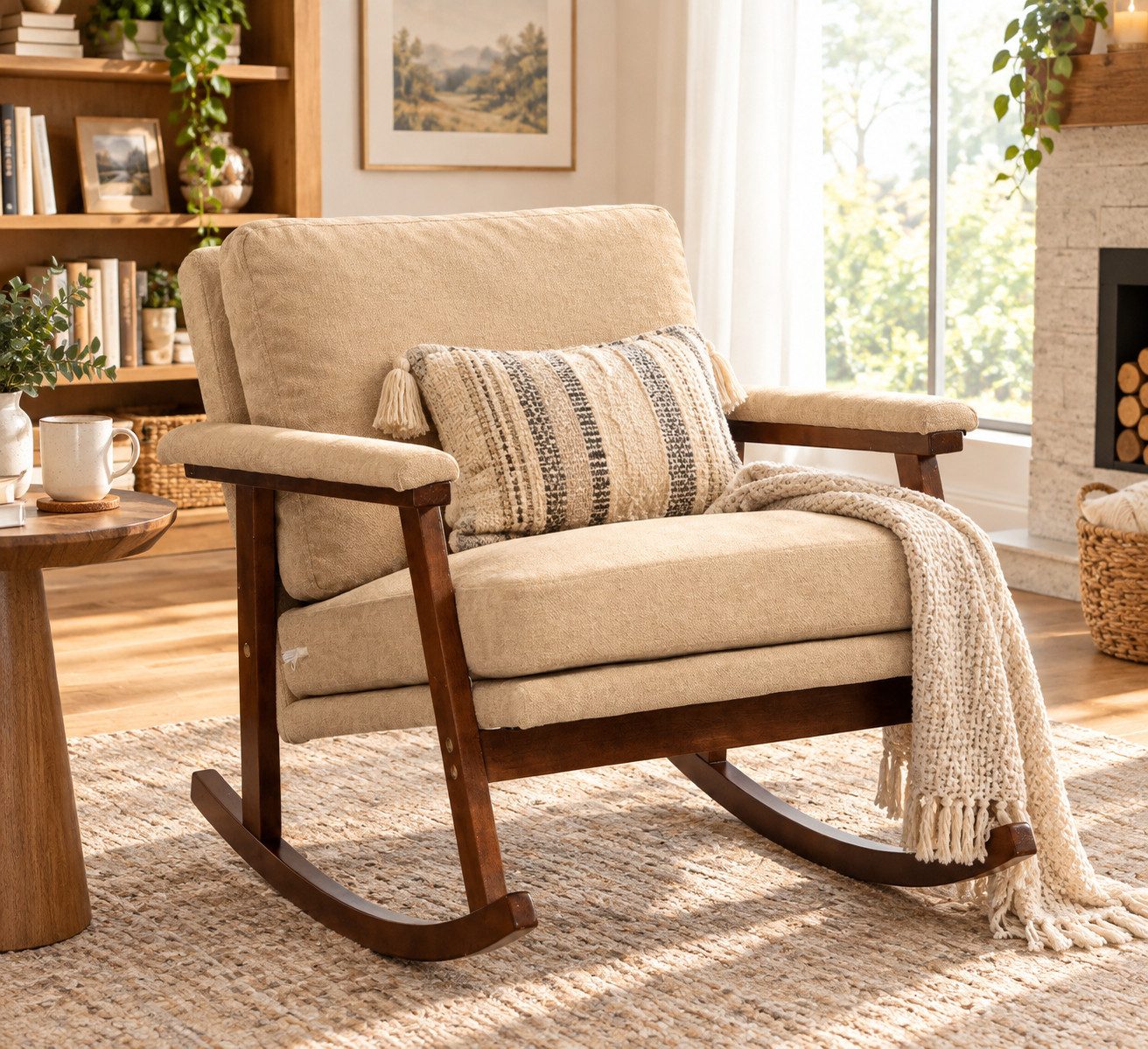 KLAM HOME Schaukelstuhl Mid-Century Schaukelstuhl mit Holzgestell und edlem Samtbezug (Komfortabler gepolsterter Lesesessel für Wohn- und Schlafzimmer), Stilvoller weißer Schaukelstuhl, perfekt zum Entspannen und Lesen