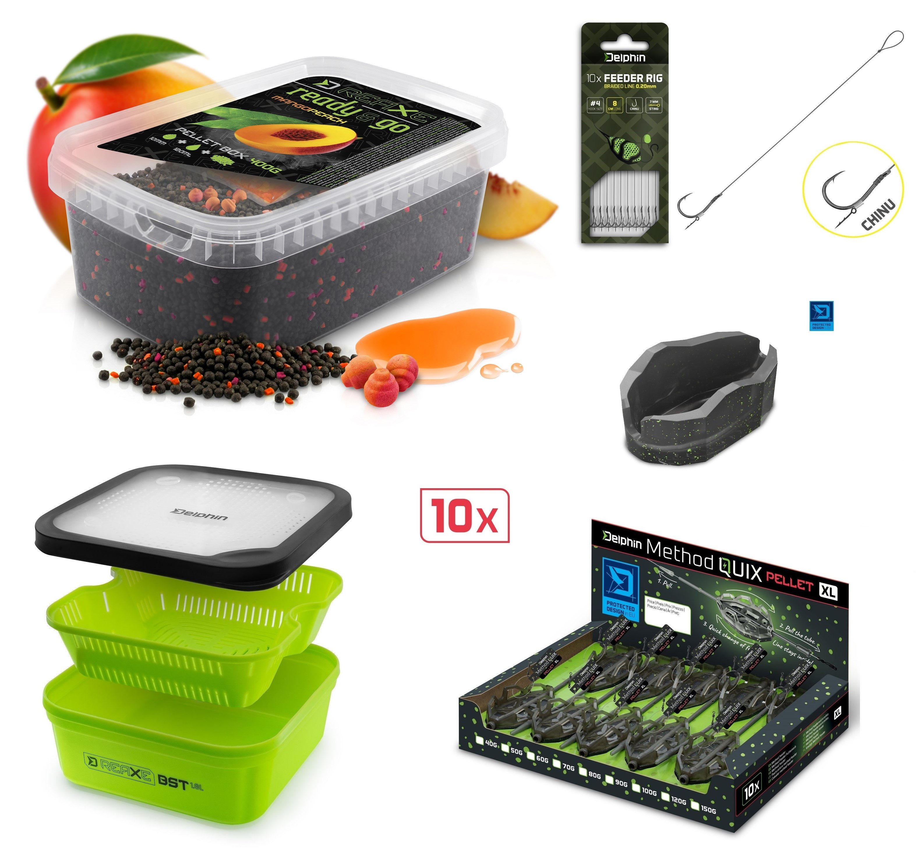 Delphin.sk Feederkorb Mango-Pfirsich Feeder SET Pellets 400g + 10 Futterkörbe uvm. Karpfen, (25-St. Pellets + Booster + Köder+ Futterkörbe + Haken + Box + Form), Über 25 teiliges Set um erfolgreich auf Friedfische zu angeln