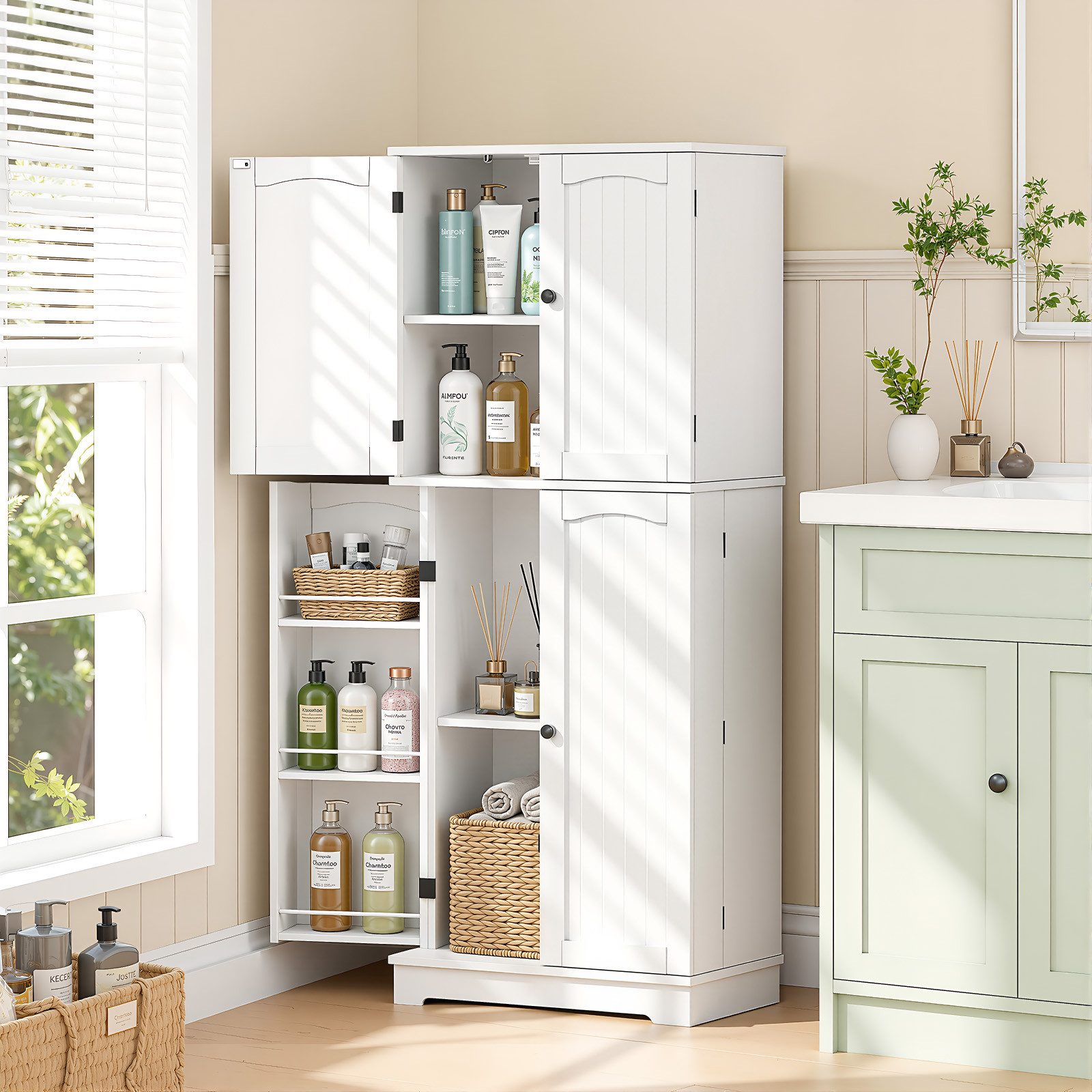 oyajia Mehrzweckschrank mit 4 Türen,Hochschrank Buffetschrank mit verstellbarem Einlegeboden (Küchenschrank, 2 verstellbare Ablagen, 6 Türfächer) für Küche Wohnzimmer Badezimmer,150CM