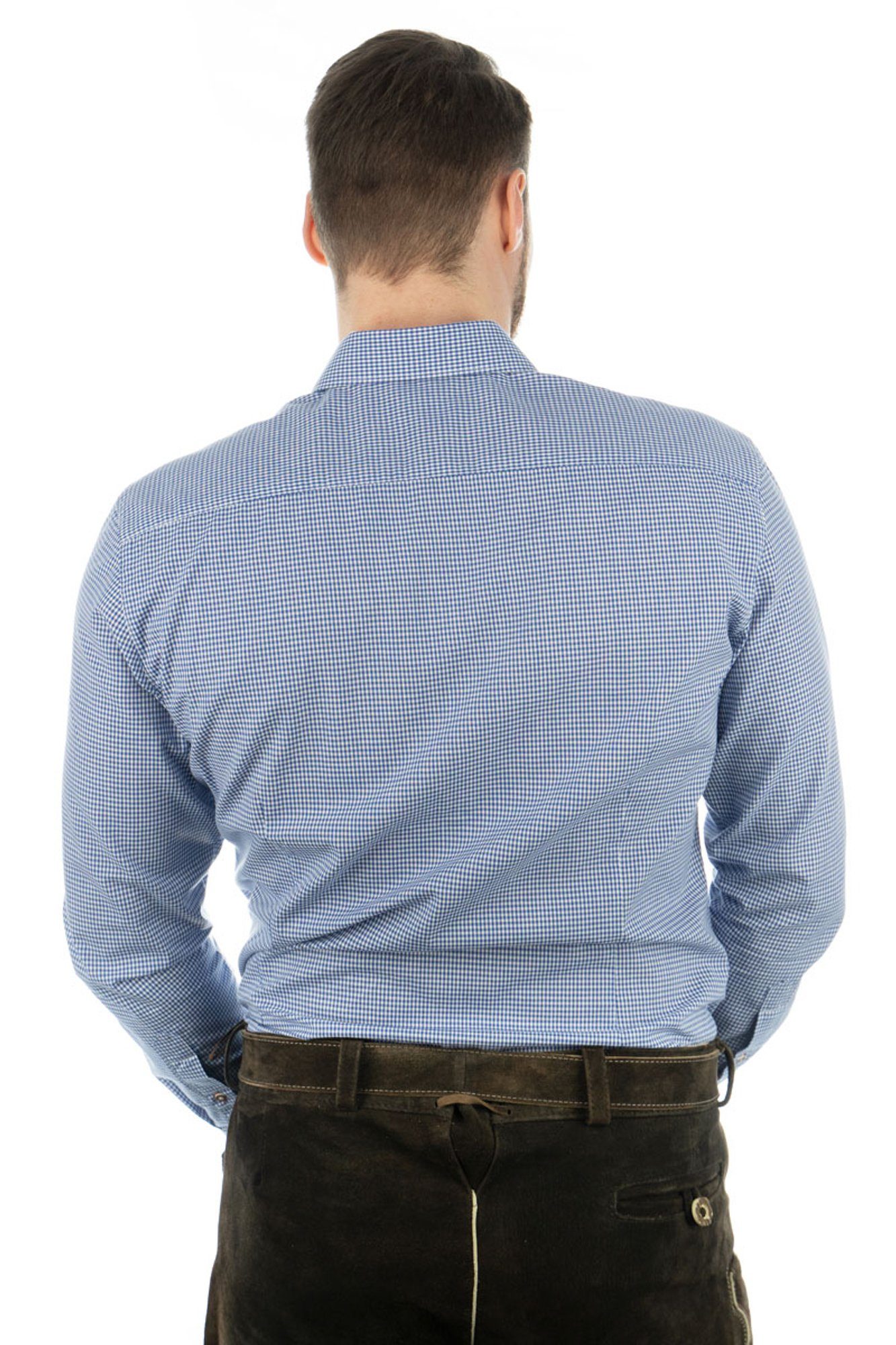 mit Hirsch-Stickerei OS-Trachten mittelblau Trachtenhemd der Brusttasche Wacodu Langarmhemd auf