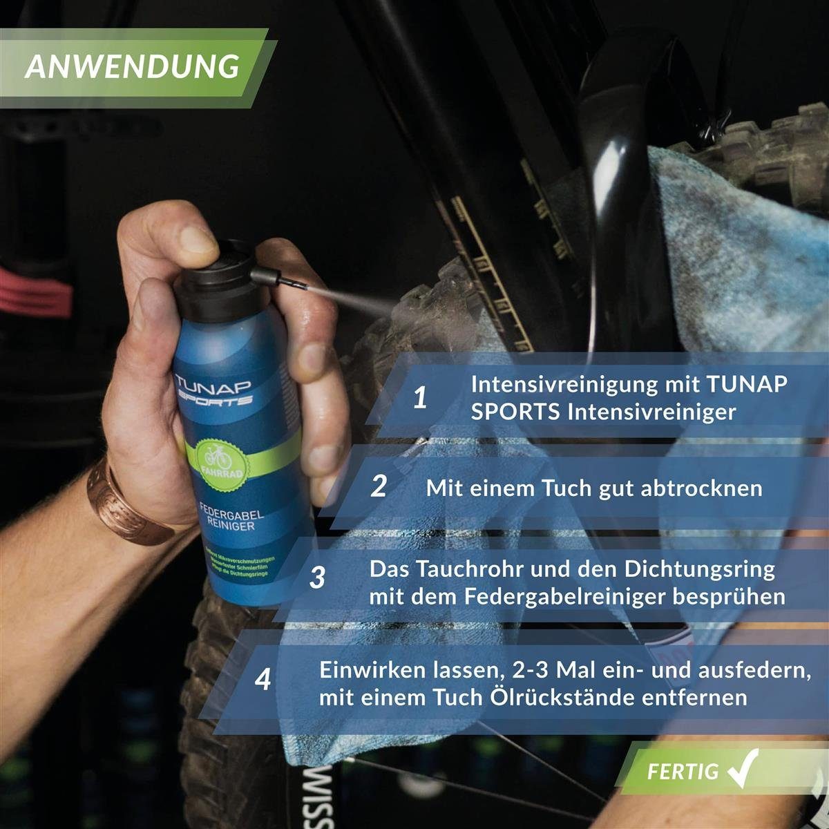 Tunap Sports TUNAP SPORTS Fahrrad Federgabel-Reiniger 125ml Zweiradreiniger (Pflegt und schützt I Entfernt Staub)