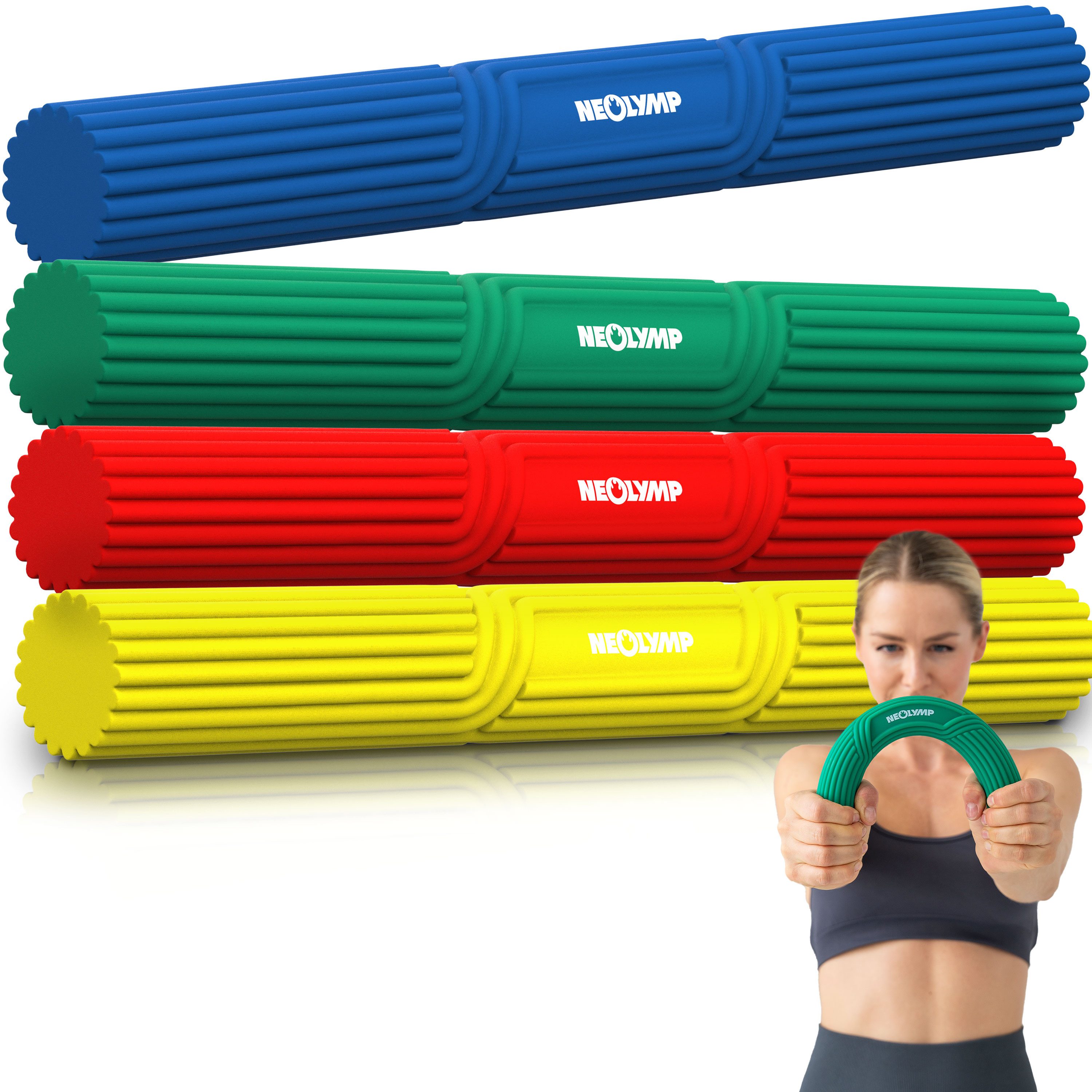 NEOLYMP Handmuskeltrainer Handtrainer Unterarmtrainer – Griffkraft & Rehabilitation –Therapy Bar (Set, Hand Trainingsgerät inkl. Tragetasche, Übungsheft & E-Book), Grip Strength Trainer aus Silikon, rutschfest & langlebig