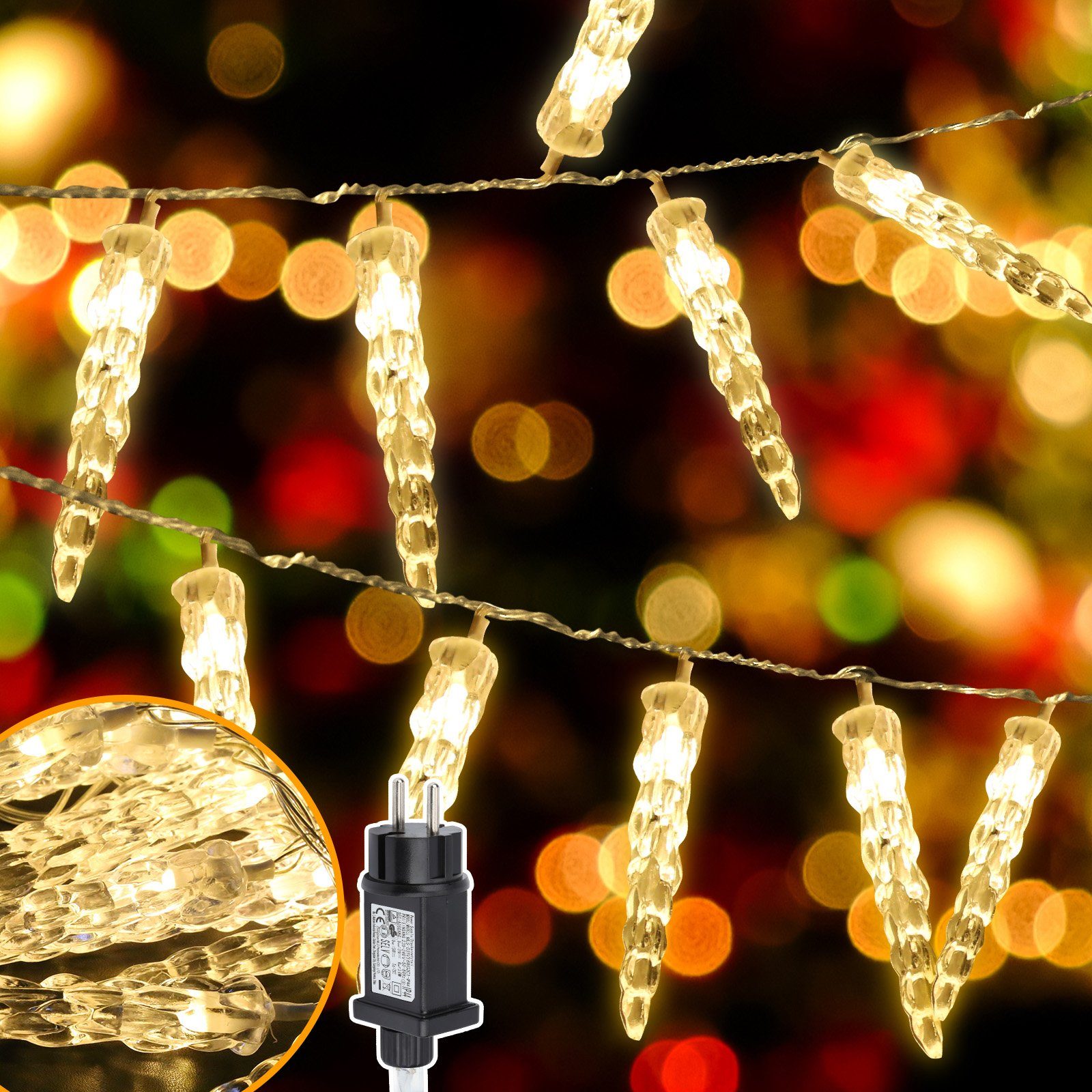 Clanmacy LED-Lichterkette 40 LED Eiszapfen Lichterketten Weihnachtsdeko Eisregen transparent warmweiß