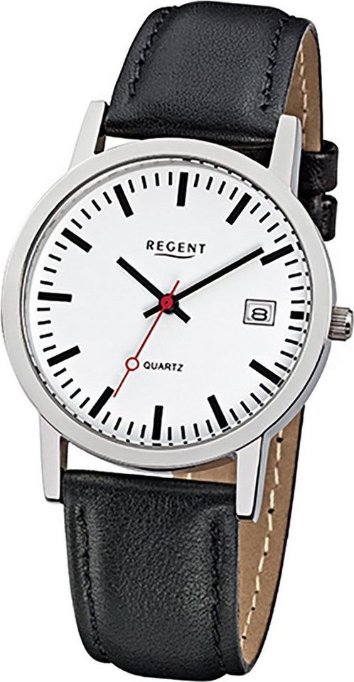 Regent Quarzuhr Regent Leder Damen Herren Uhr F-794, Damen, Herrenuhr  Lederarmband schwarz, rundes Gehäuse, mittel (34mm)