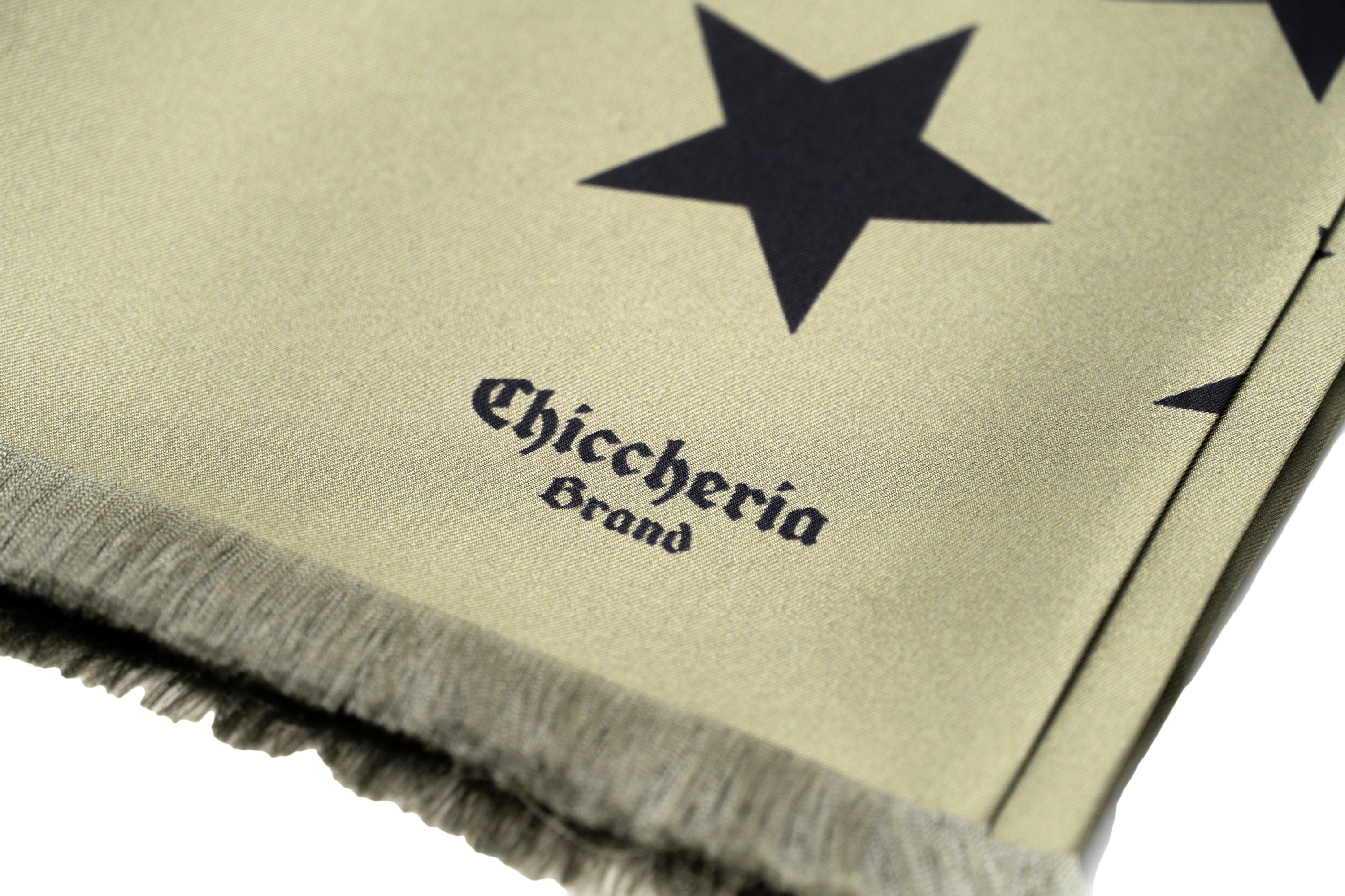 Brand Seidenschal in Chiccheria Made Italy STARS, Oliv-Schwarz