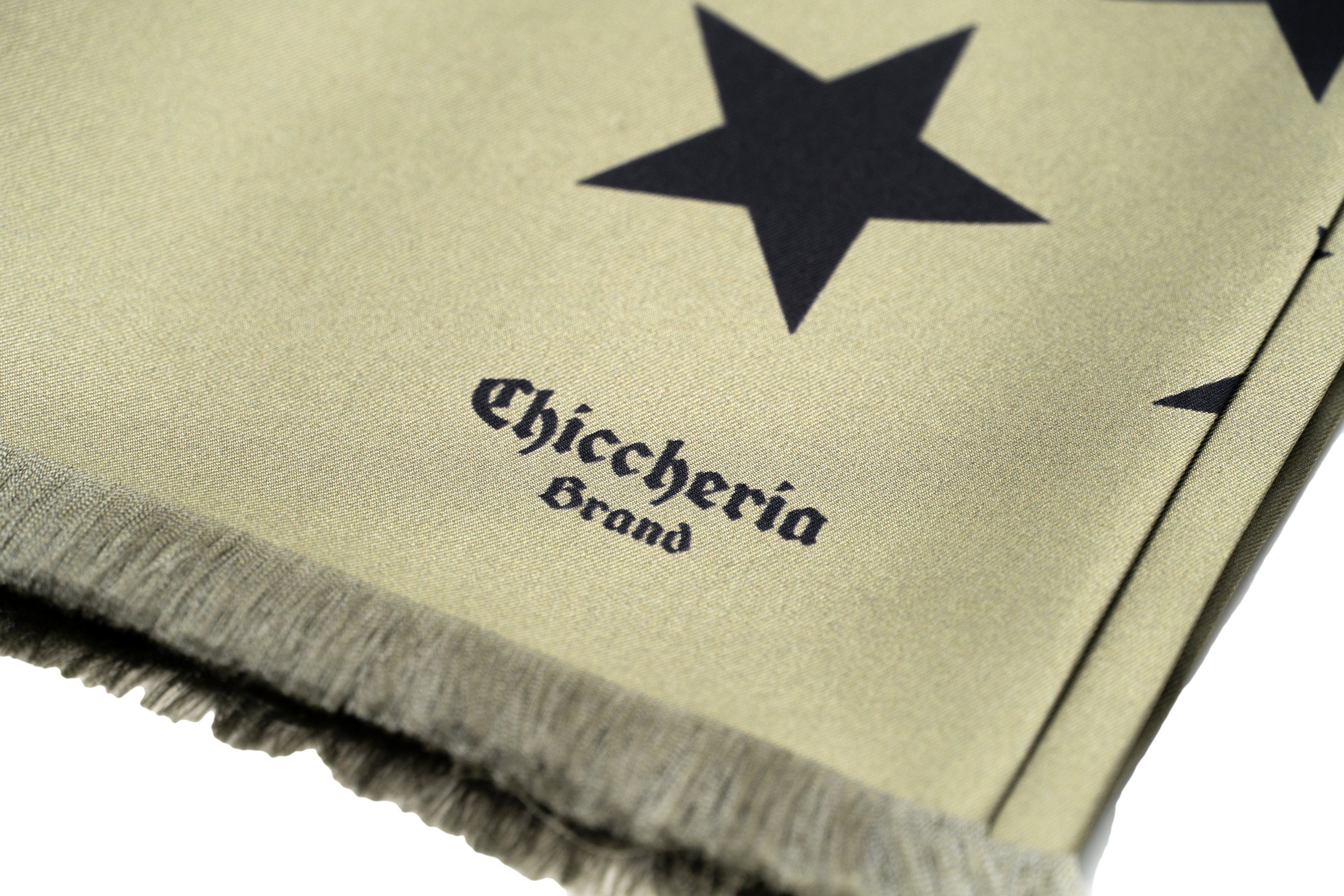 Italy Chiccheria in Seidenschal STARS, Made Oliv-Schwarz Brand