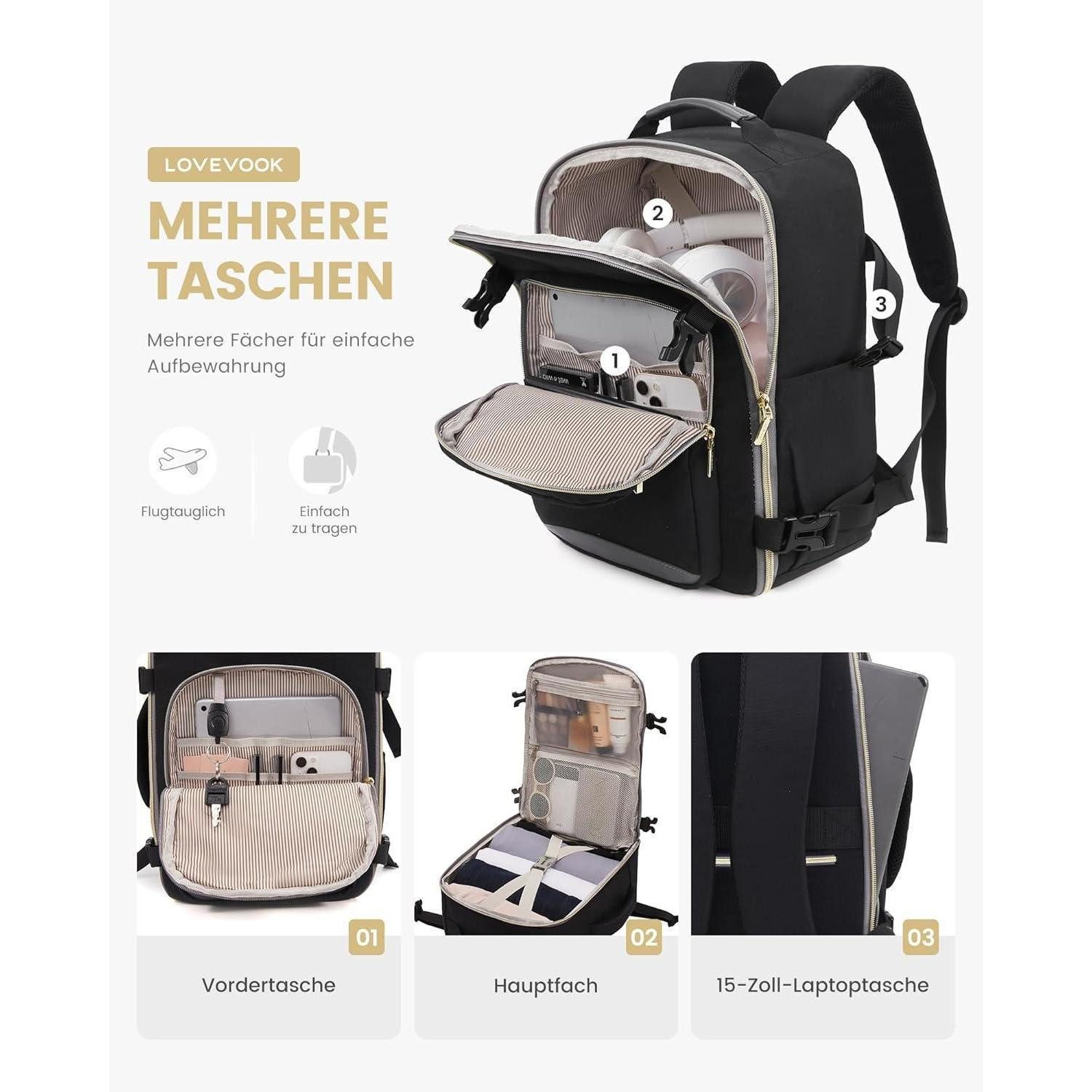 LuxusKollektion Reiserucksack Handgepäck Rucksack 45x36x20 Ryanair Eurowings Schwarz+grau 45x36x20cm