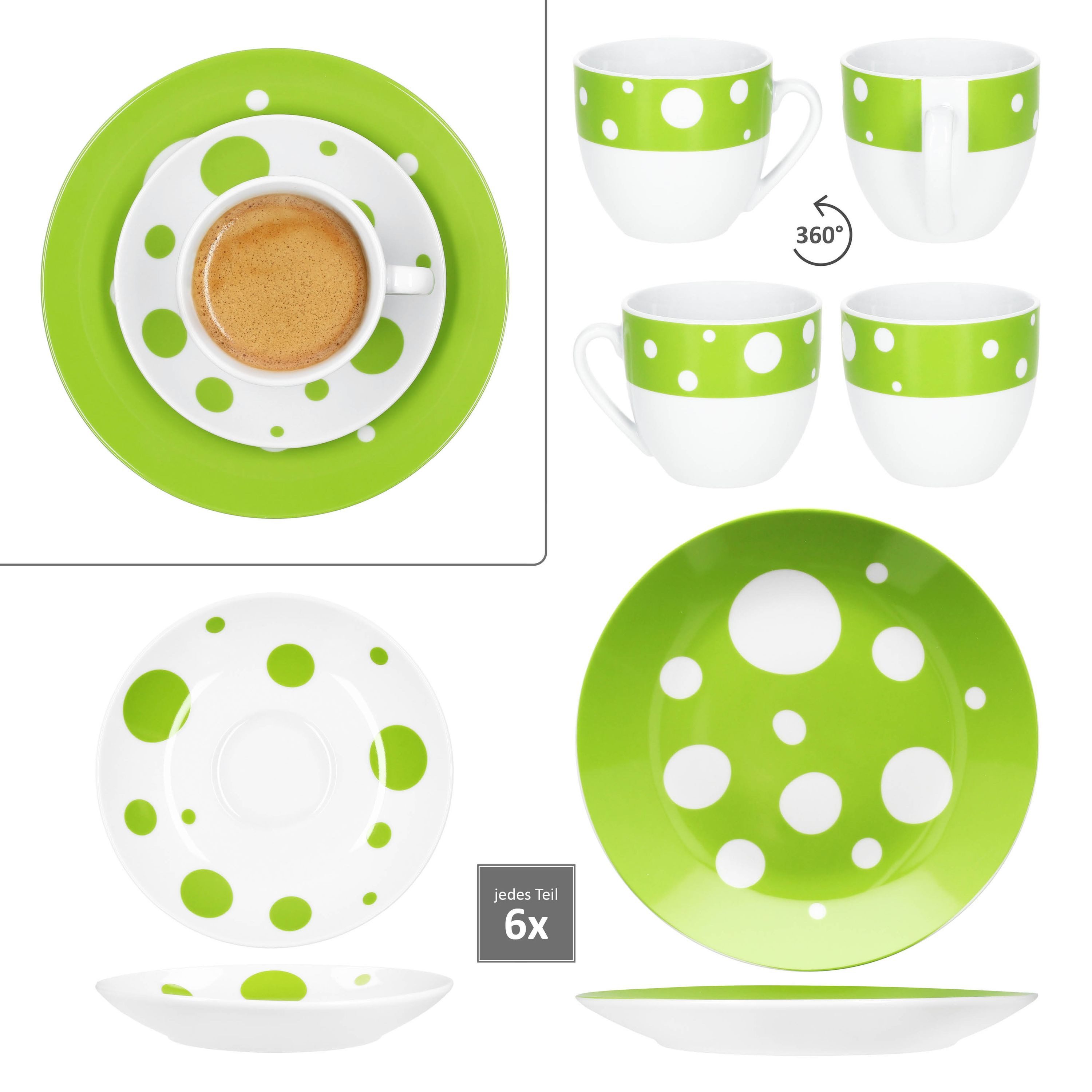 MamboCat Kaffeeservice 18tlg Kaffeeservice Pula grün Porzellan 6 Pers. Tassen Teller Punkte, Porzellan – Bild 4 von 5