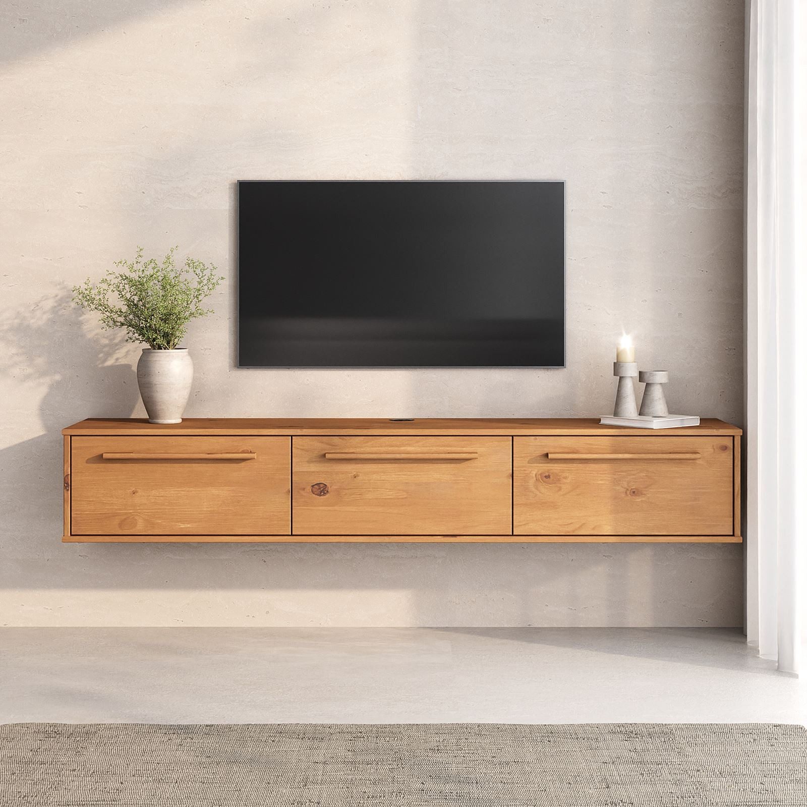 IDIMEX Lowboard TECCA, Hängekonsole mit 3 Klappen Massivholz Mid Century Stil eiche farben
