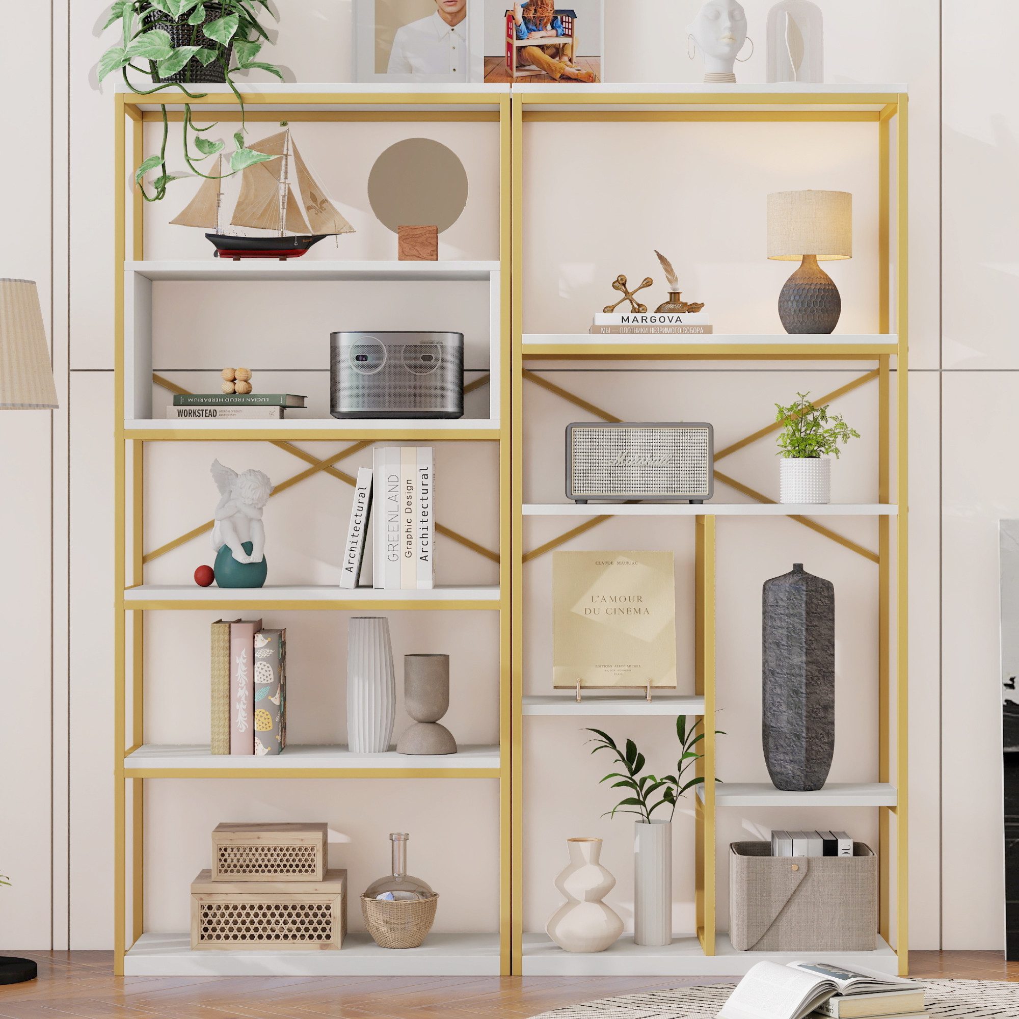 REDOM Bücherregal Regal im modernen Stil, mit modern-minimalistischem Design Gold + Weiß 1-tlg.