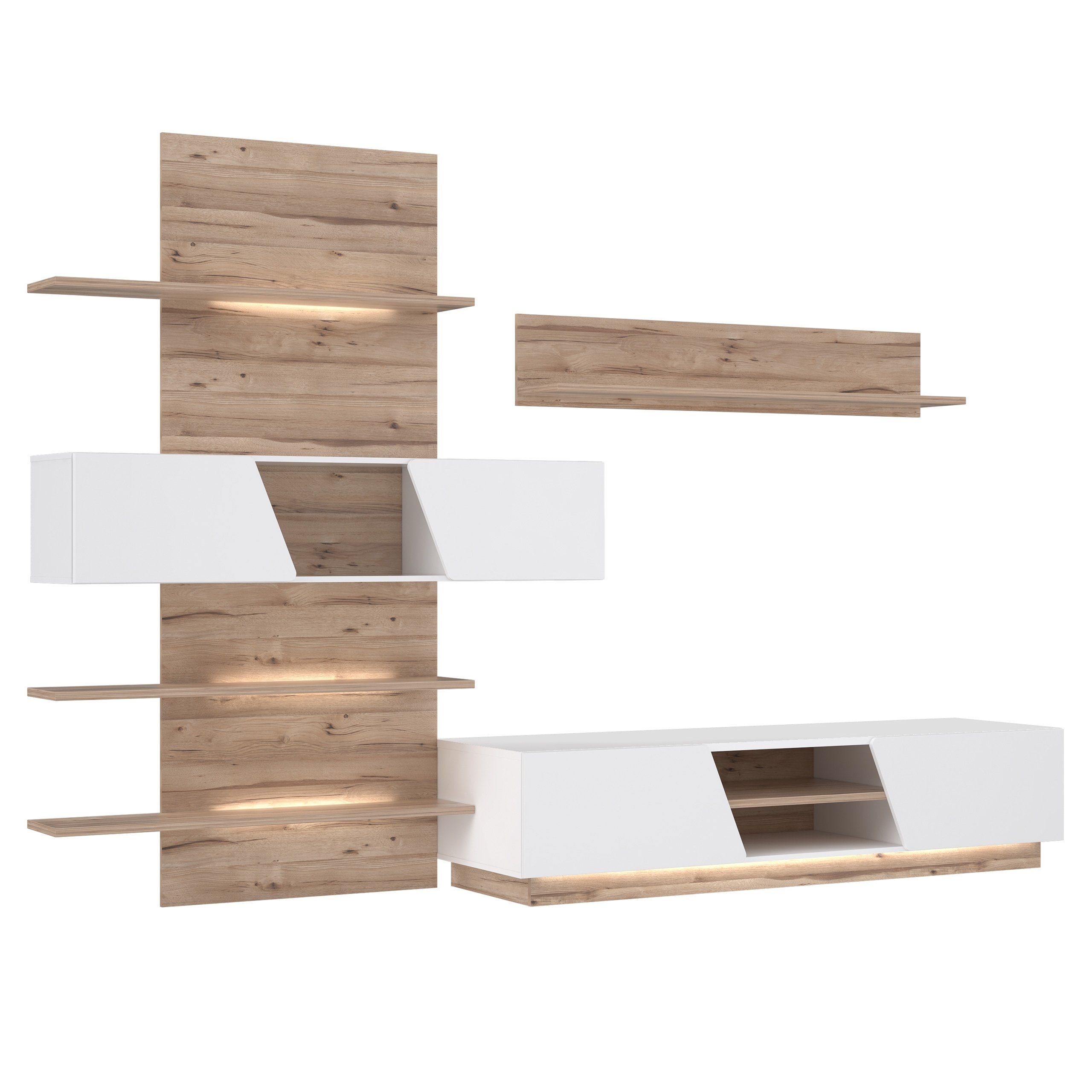 Newroom Wohnwand Weiß und Planked Eiche 296 cm, Wohnwand Weiß und Planked Eiche Skandi Modern Anbauwand Schrankwand
