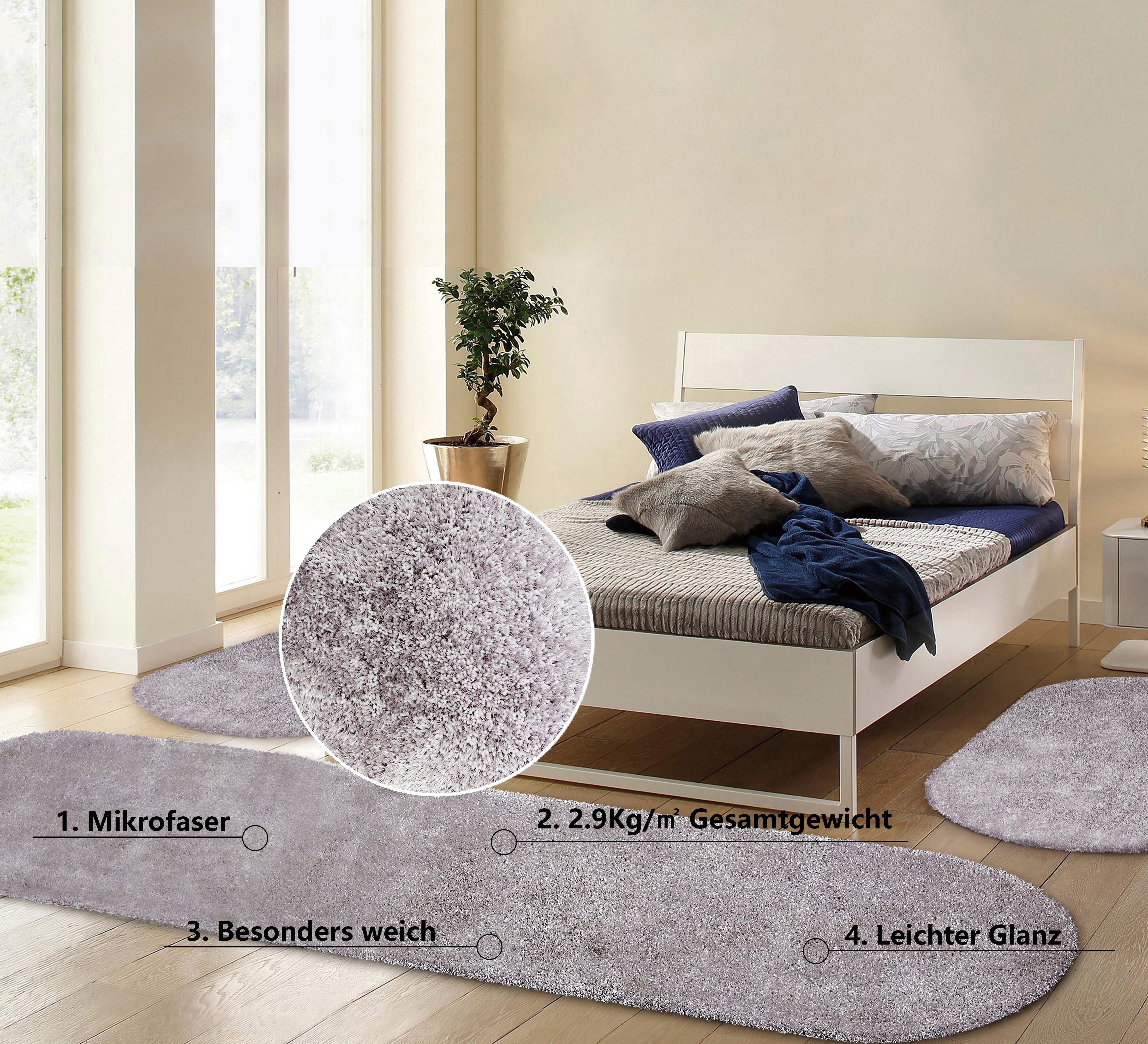 Bruno Banani Hochflor-Bettumrandung Dana Teppich, Kundenliebling, Höhe 30 mm, (3-tlg), unifarben, Mikrofaser, pflegeleicht, Bettvorleger, Schlafzimmer