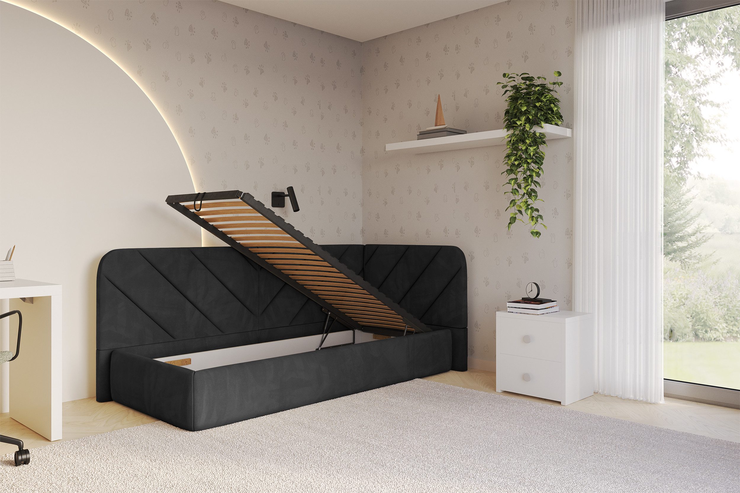 ALTDECOR Jugendbett FIKY (Jugendbett mit Bettkasten und Lattenrost, Polsterbett ohne Matratze), Einzelbett mit Stauraum, Bett mit Kopfteil