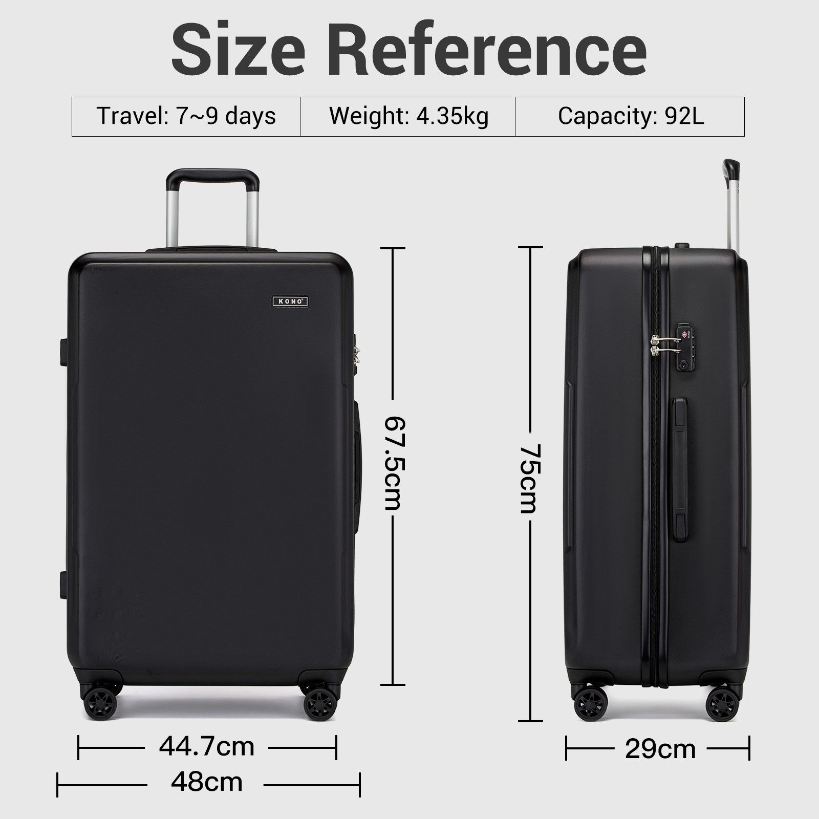 KONO Handgepäck-Trolley Koffer, PC + ABS Hartschale, TSA-Schloss, Doppel-Spinnräder