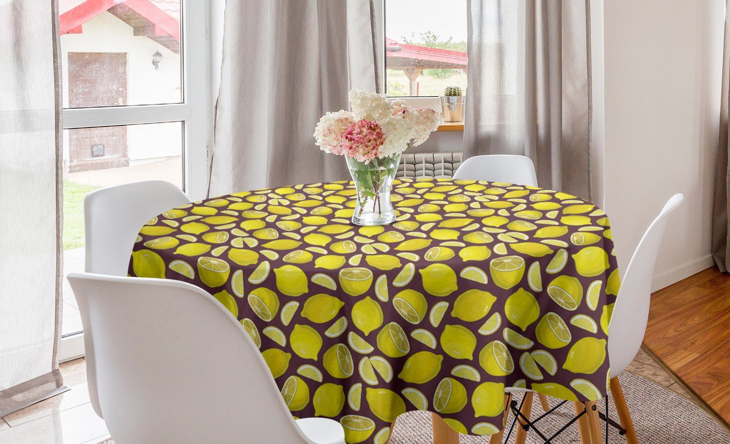 Abakuhaus Tischdecke Kreis Tischdecke Abdeckung für Esszimmer Küche Dekoration, Zitrone Verschiedene Scheiben geschnitten Obst Doodle
