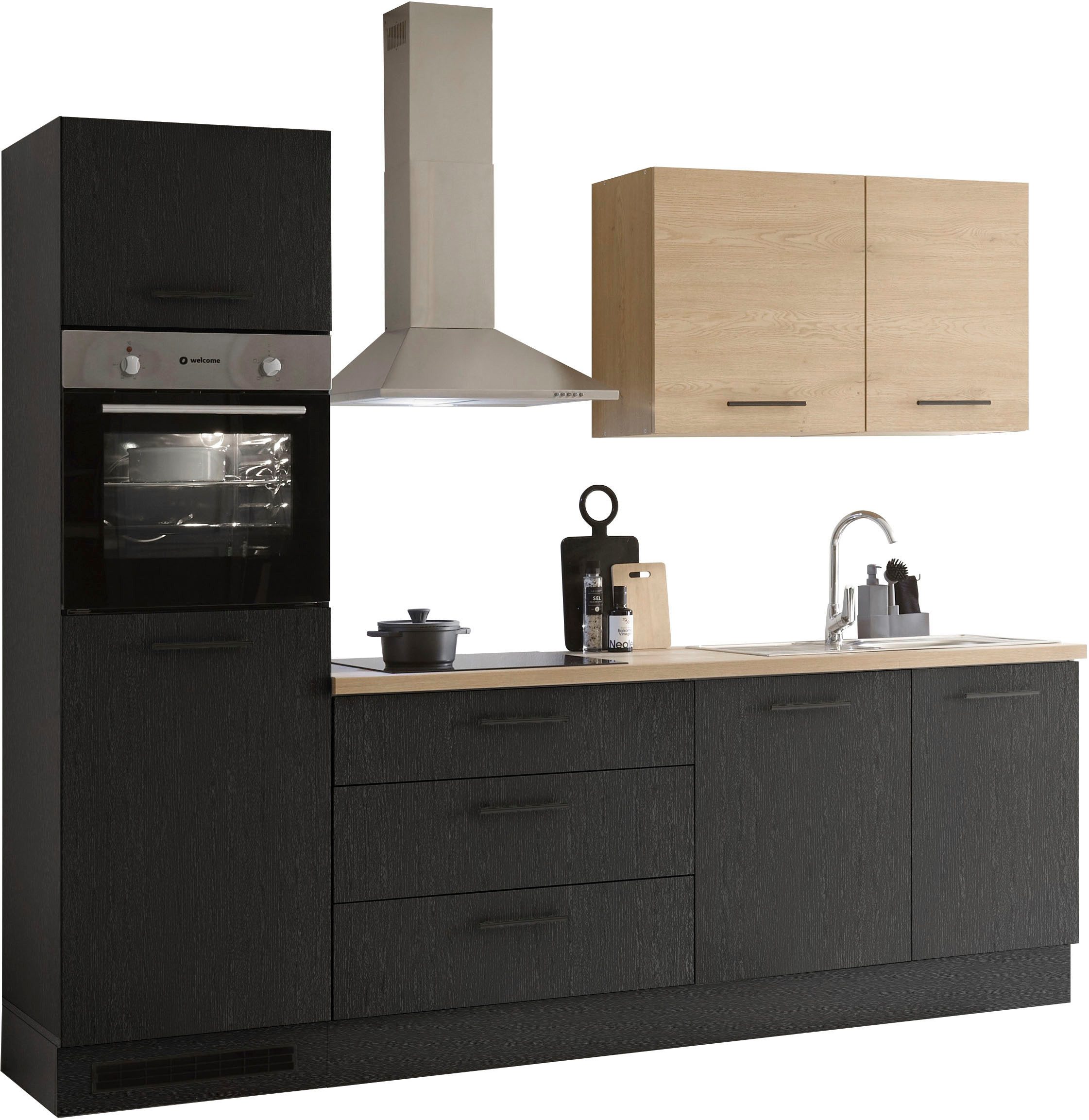 KOCHSTATION Küchenzeile KS-Malfi, Breite 260cm, wahlweise mit E-Geräten, Arbeitsplatte 38mm Stärke