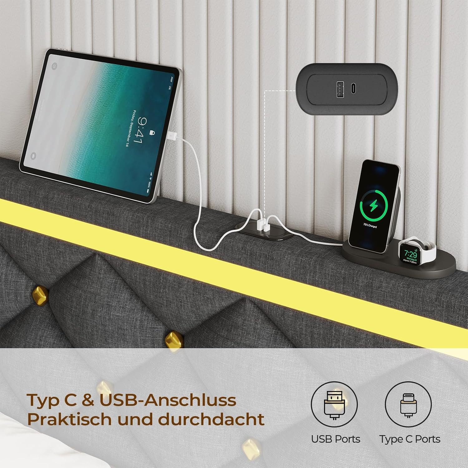 MSMASK Polsterbett mit USB-Aufladen und LED-Beleuchtung, Grauem Leinen (Ohne Matratze) – Bild 5 von 5