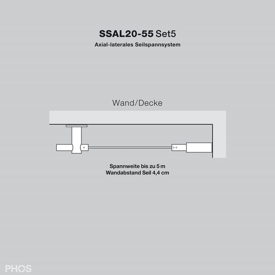 PHOS Design Seilspanngarnitur : Axial-Laterales Seilspannsystem aus Edelstahl, (zur Wand- oder Deckenmontage), - 100% Made in Germany
