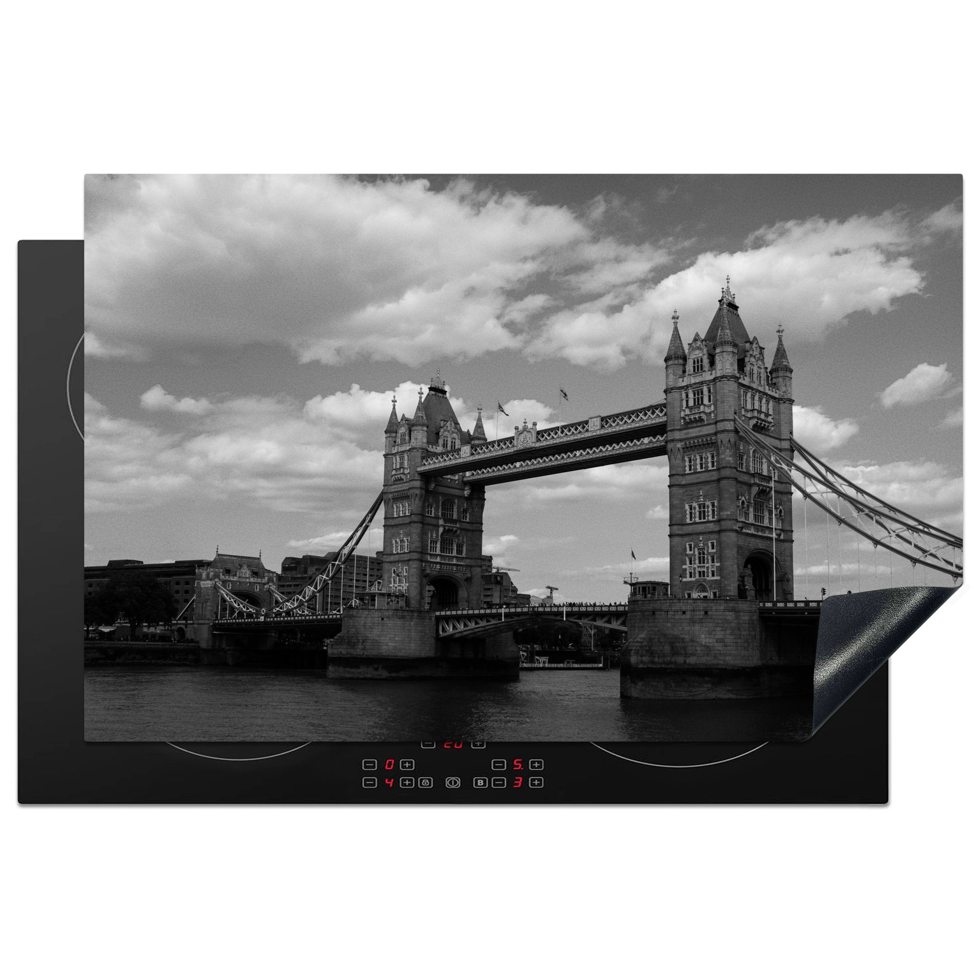 MuchoWow Herdblende-/Abdeckplatte Schwarz-Weiß-Bild der ikonischen Tower Bridge in London, Vinyl, (1 tlg), 81x52 cm, Induktionskochfeld Schutz für die küche, Ceranfeldabdeckung