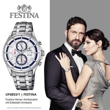 Festina Chronograph Festina Herren Uhr F6853/1 Edelstahl, Herren Armbanduhr rund, Edelstahlarmband silber