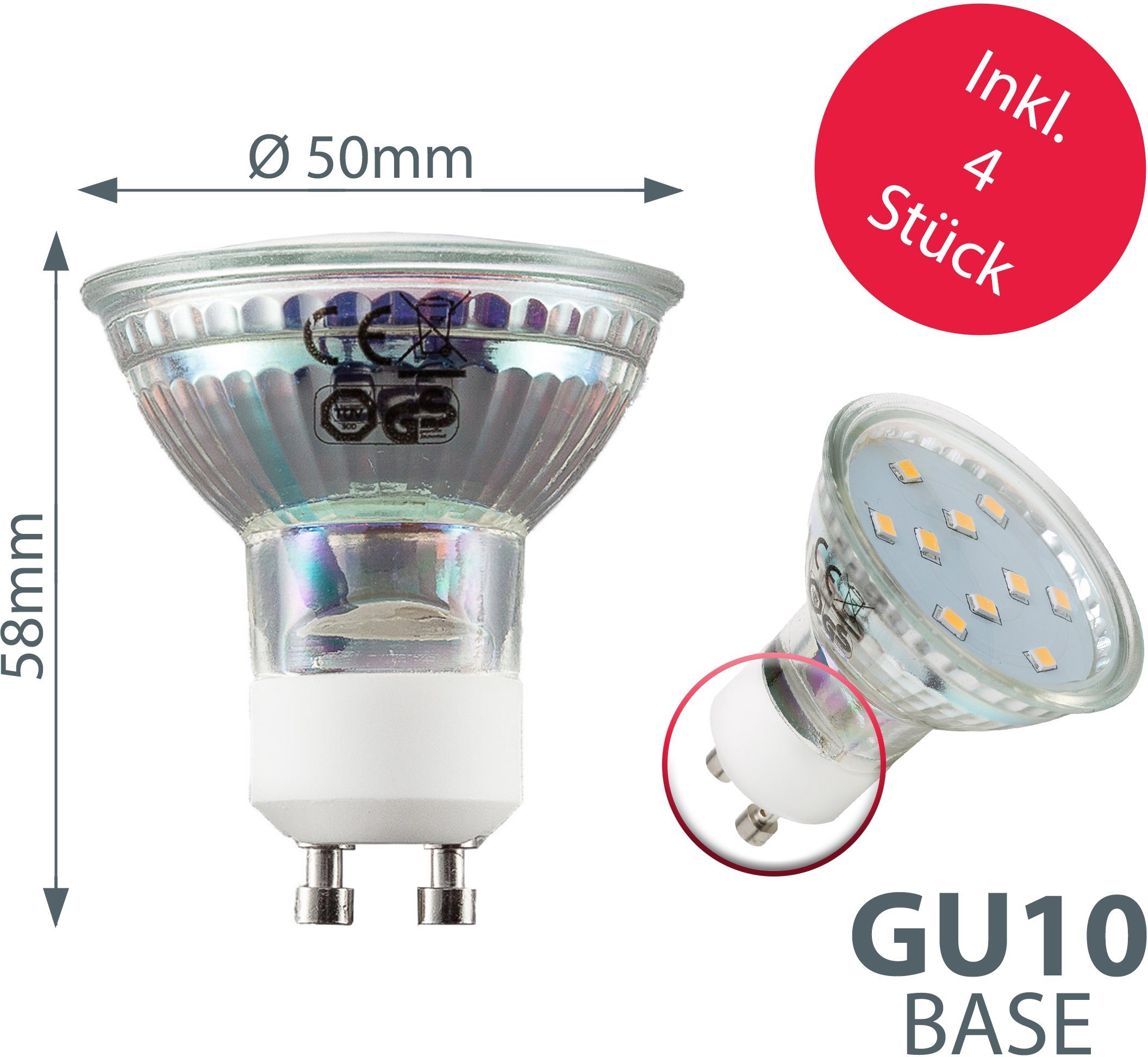 LED GU10, inkl. Glas, Warmweiß, LED 250lm 3W Deckenstrahler, wechselbar, rund, Strahler, Metall, Leuchtmittel B.K.Licht Deckenleuchte,