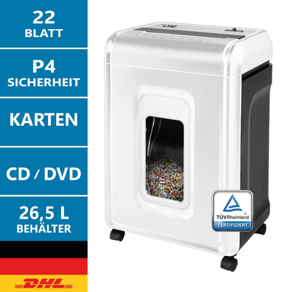 LMG Germany Aktenvernichter LMG Aktenvernichter 22 Blatt Schredder P4 Sicherheitsstufe, manuell, 22 Blatt, P-4, 4×38 mm, CD/DVD/Karten, 26,5 L Behälter, 60 Min, Rollen