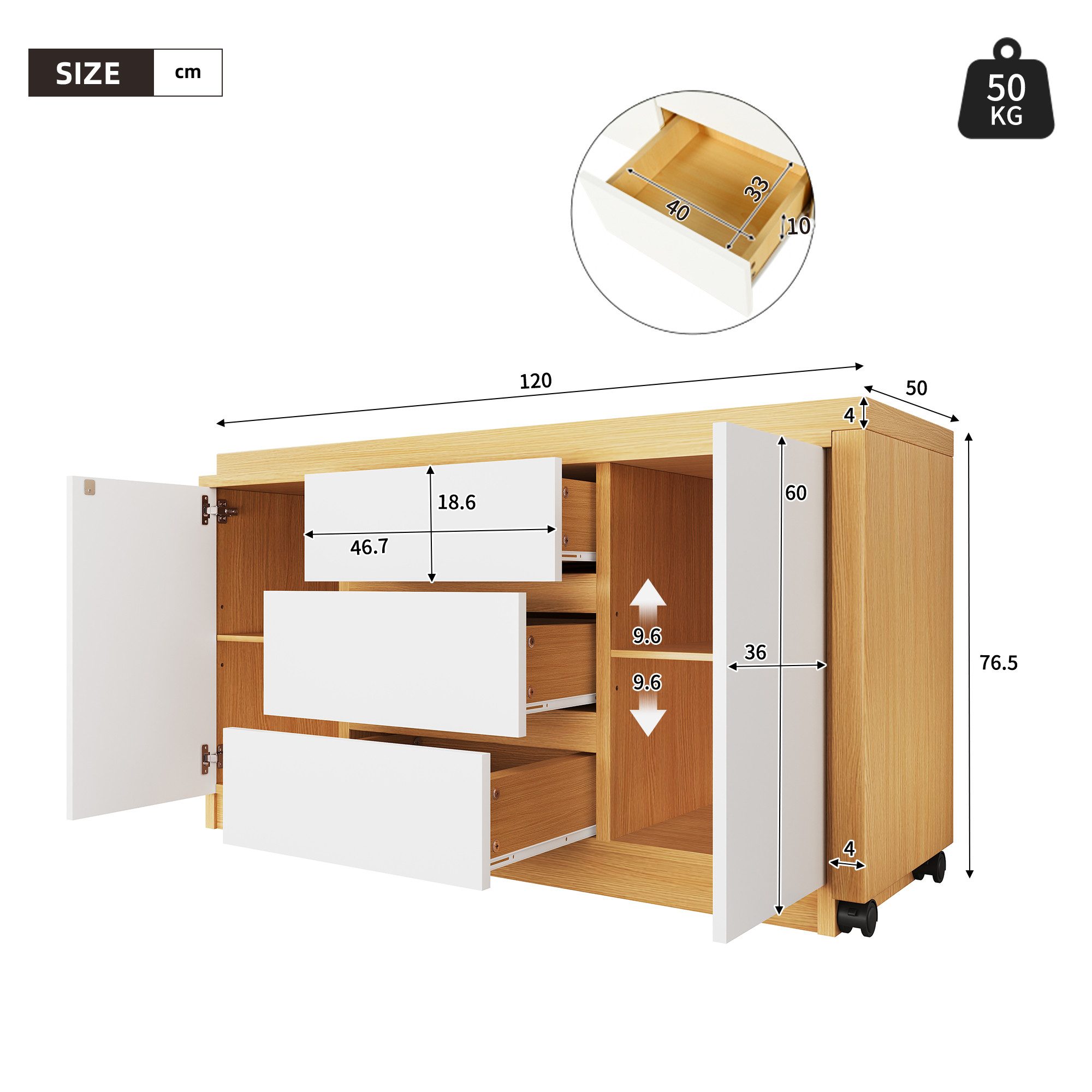 Merax Schreibtisch 2-in-1 Sideboard & Arbeitstisch (120×50×76,5 cm, 1-St., multifunktionaler Bürotisch Kommode in Weiß/Eiche), Eckschreibtisch mit 360° drehbare – Bild 5 von 5