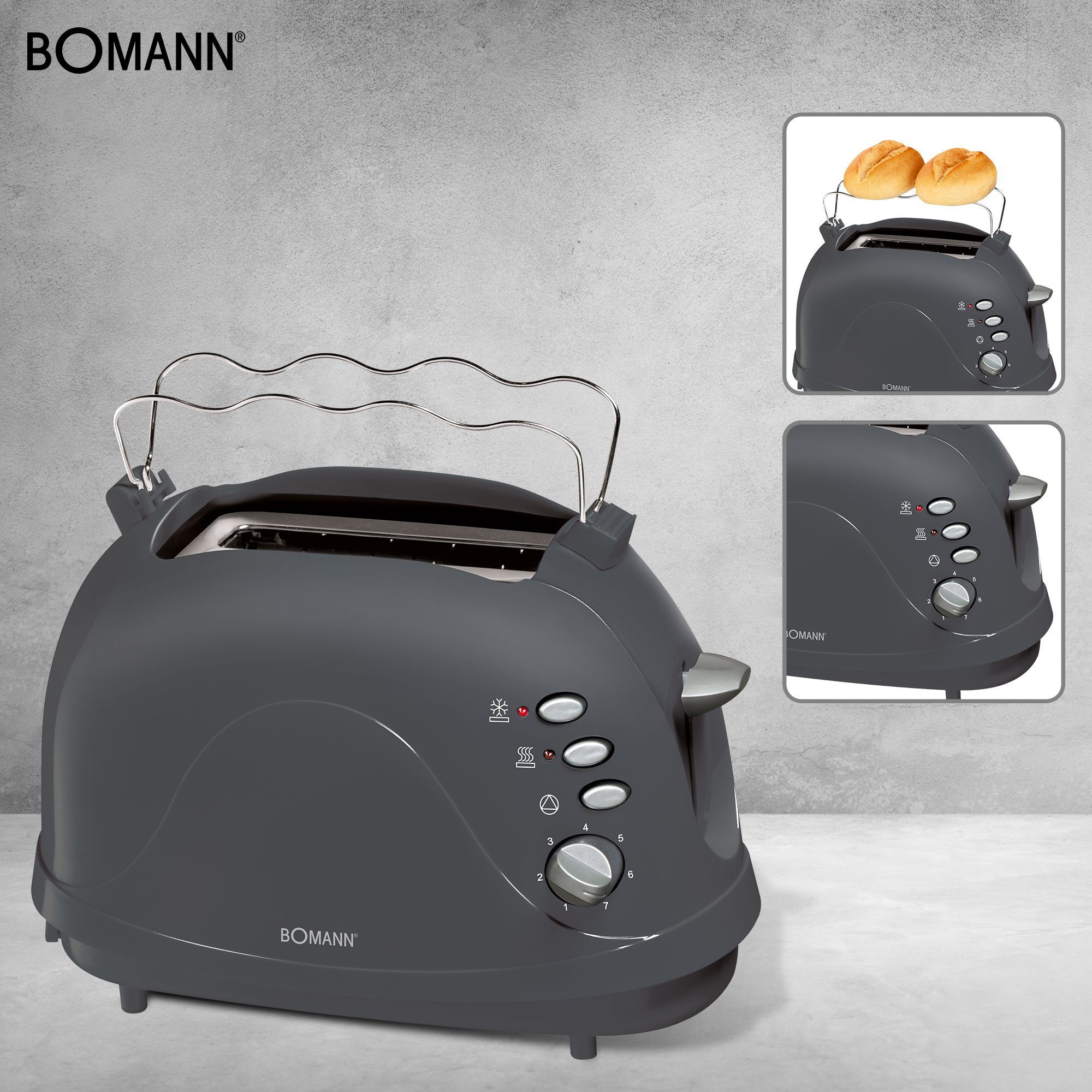 BOMANN Toaster Toastautomat TA grau 2 CB, 700 Scheiben Gehäuse, Krümelschublade, Schlitze, 246 2 (integriert) kurze für Brötchenaufsatz W, Toast, Cool-Touch