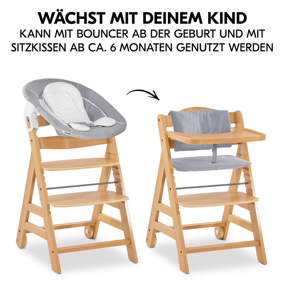 Hauck Hochstuhl Alpha Move Natur Newborn Set, Holz Babystuhl ab Geburt mit Neugeborenenaufsatz, Sitzkissen, Essbrett