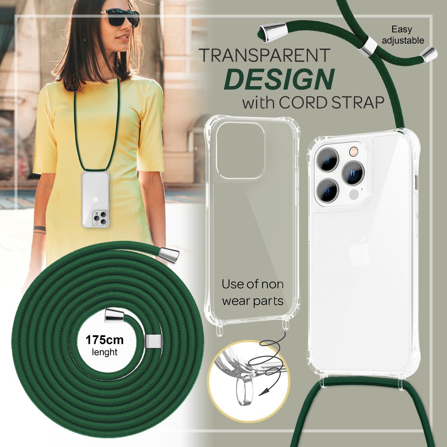 Nalia Backcover Apple iPhone 14 Pro Max 17 cm (6,7 Zoll), Klare Hybrid Hülle mit Kette / Schutzhülle zum Umhängen / Handyband
