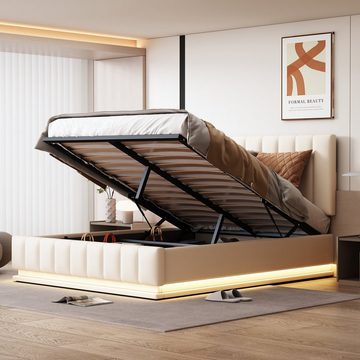 WISHDOR Polsterbett Doppelbett mit höheverstellbarem Polsterkopfteil (140 x 200 cm ohne-Matratze), Modernes Bett mit LED, Einfach zu montierender Bettrahmen