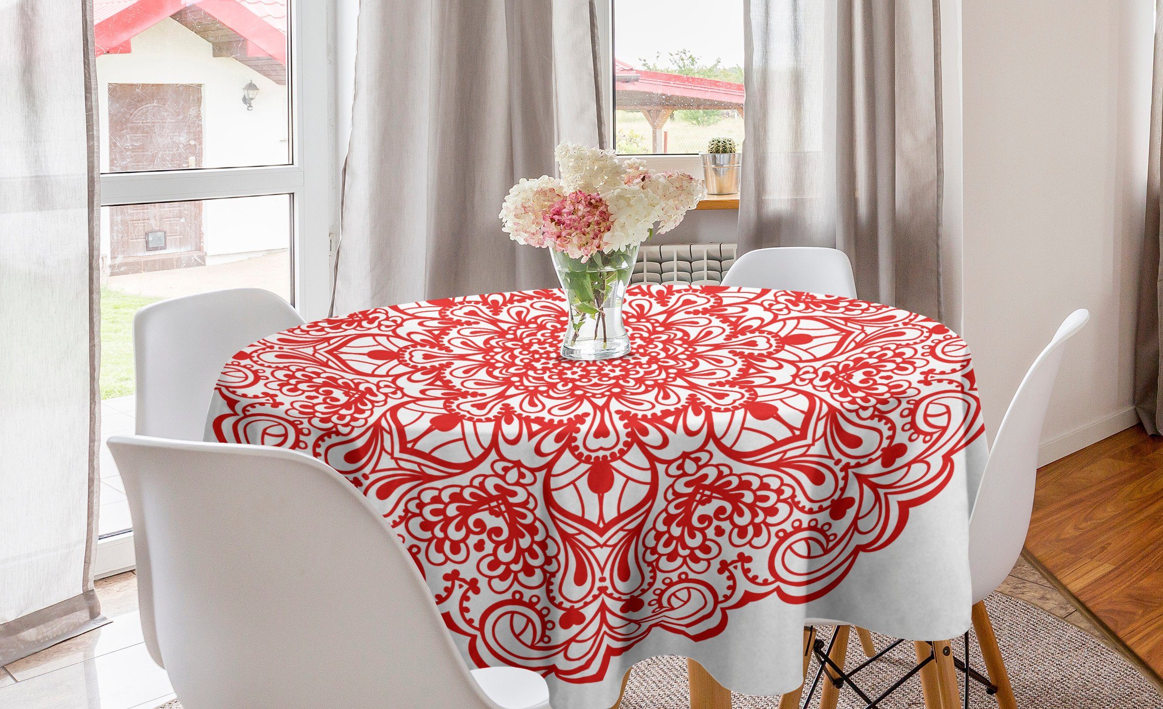 Abakuhaus Tischdecke Kreis Tischdecke Abdeckung für Esszimmer Küche Dekoration, Red Mandala Gedeihen