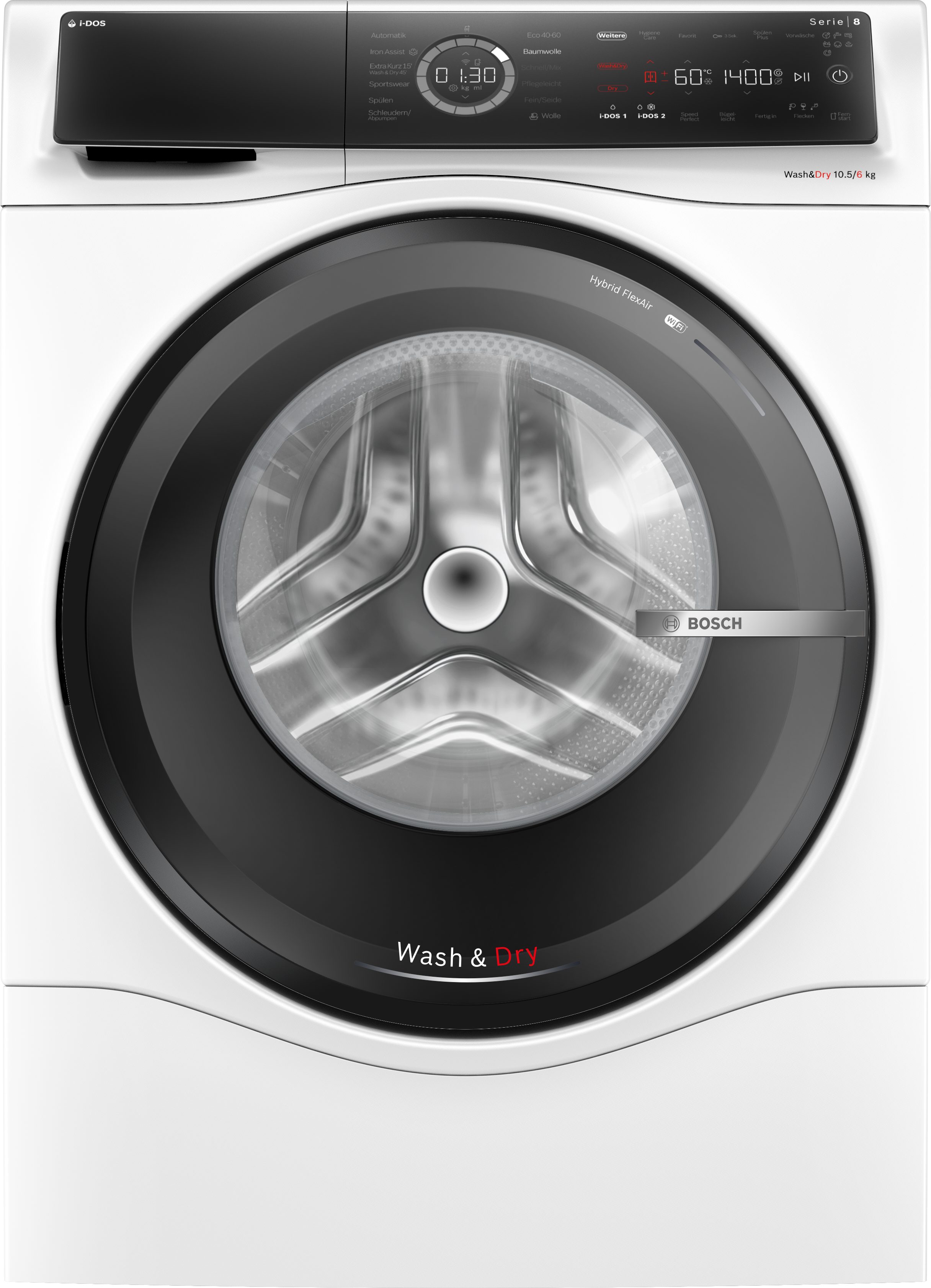 BOSCH Waschtrockner Serie 8 WNC254A40, 10,5 kg, 6 kg, 1400 U/min, Iron Assist, automatische Waschmitteldosierung i-Dos, Home Connect